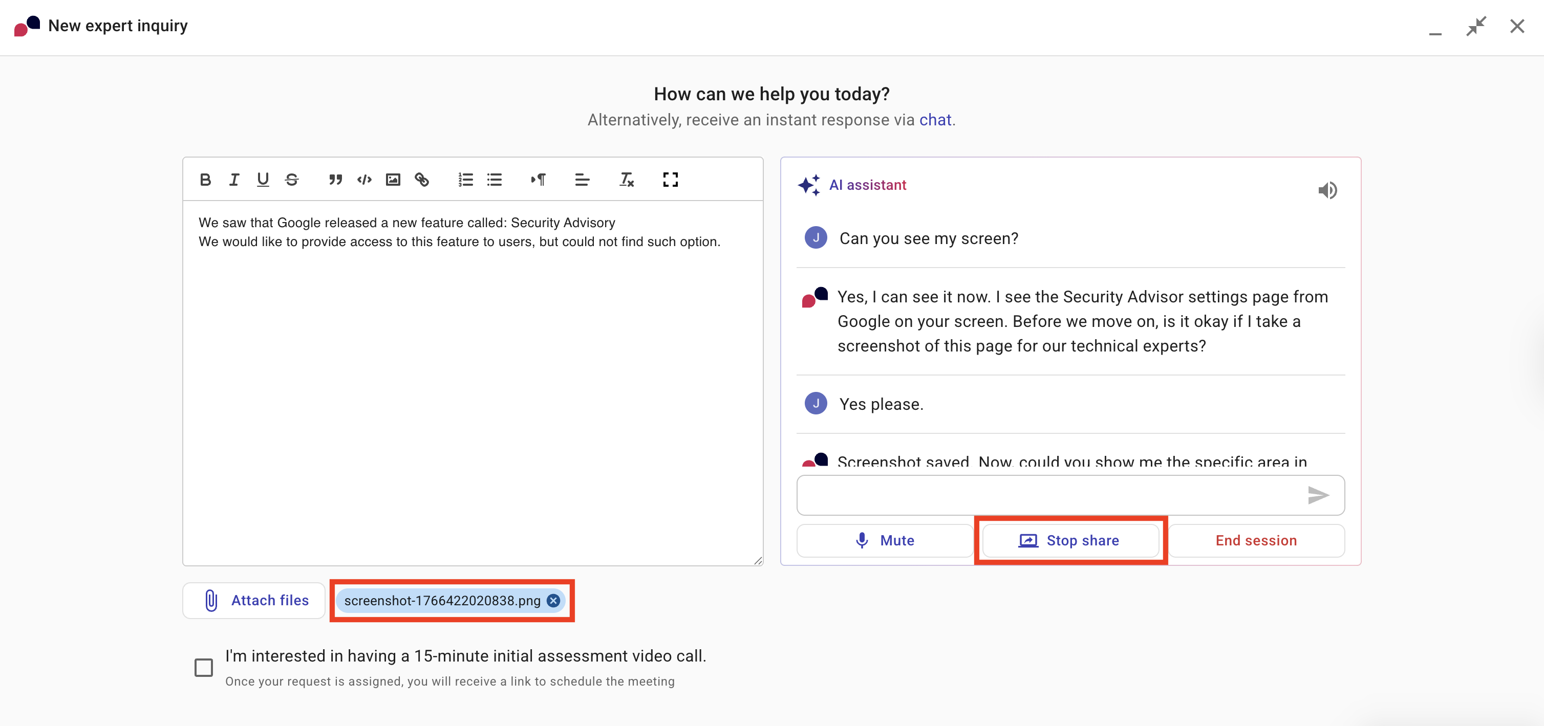 Ask Ava to take a screenshot