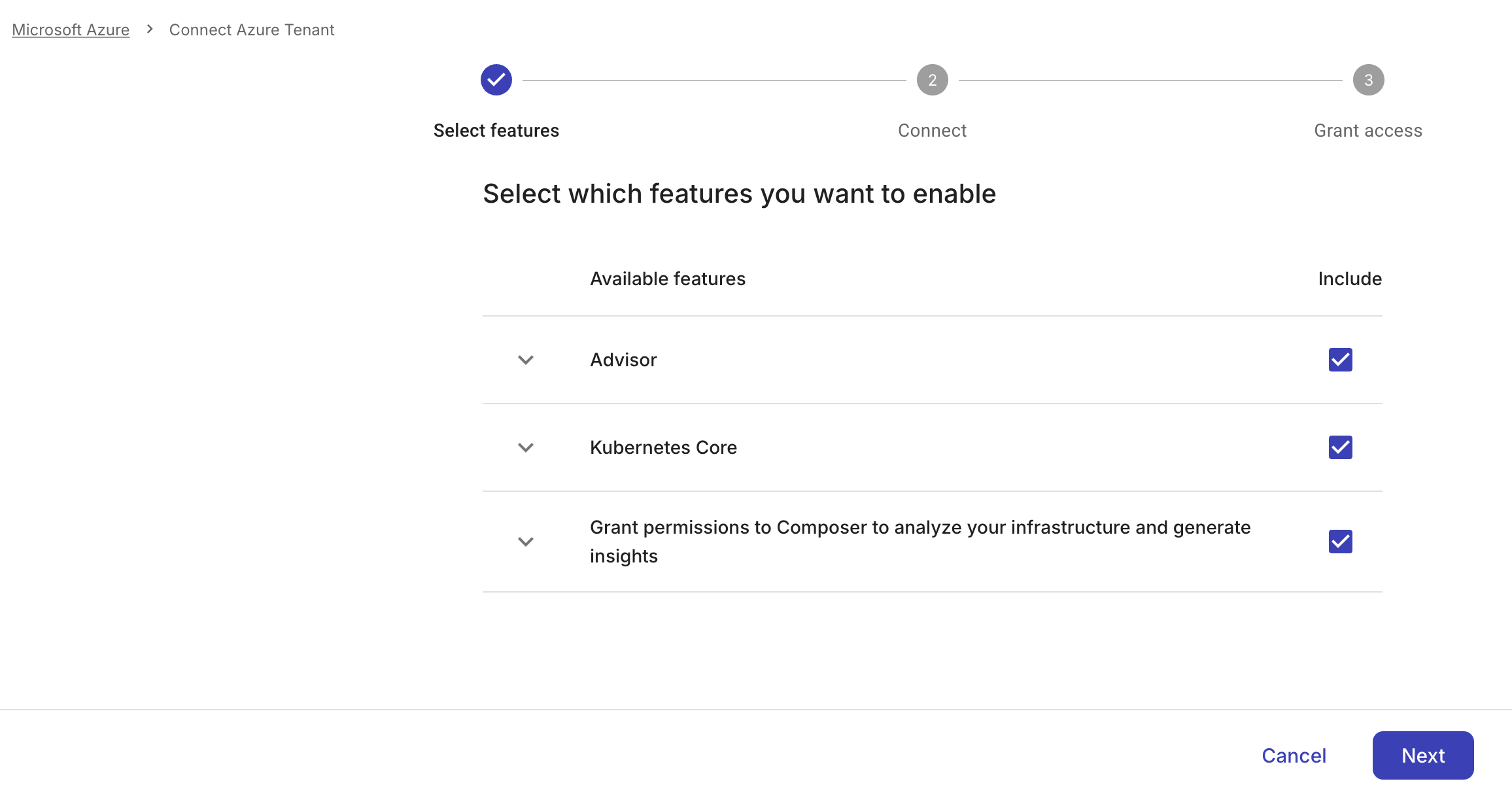 Select features to enable