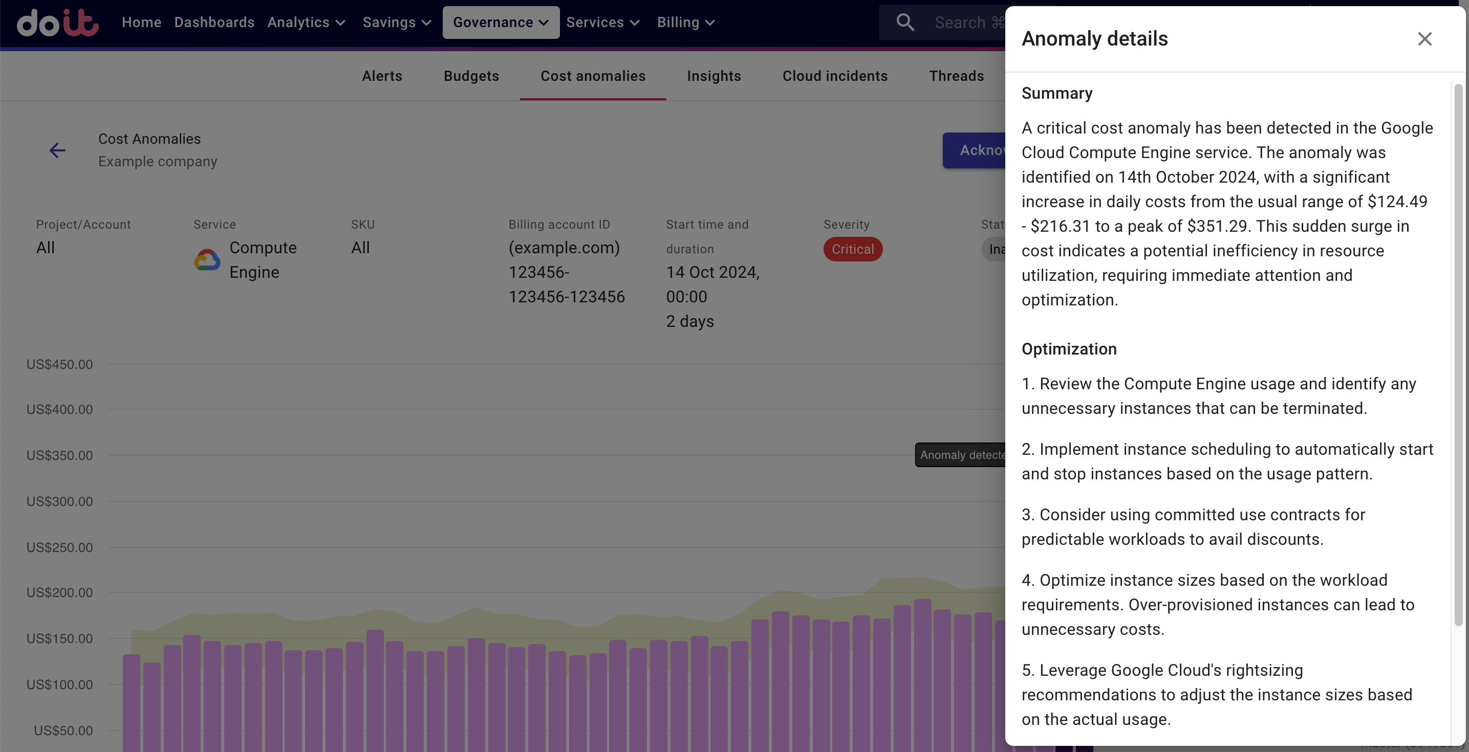 The anomaly details sidebar