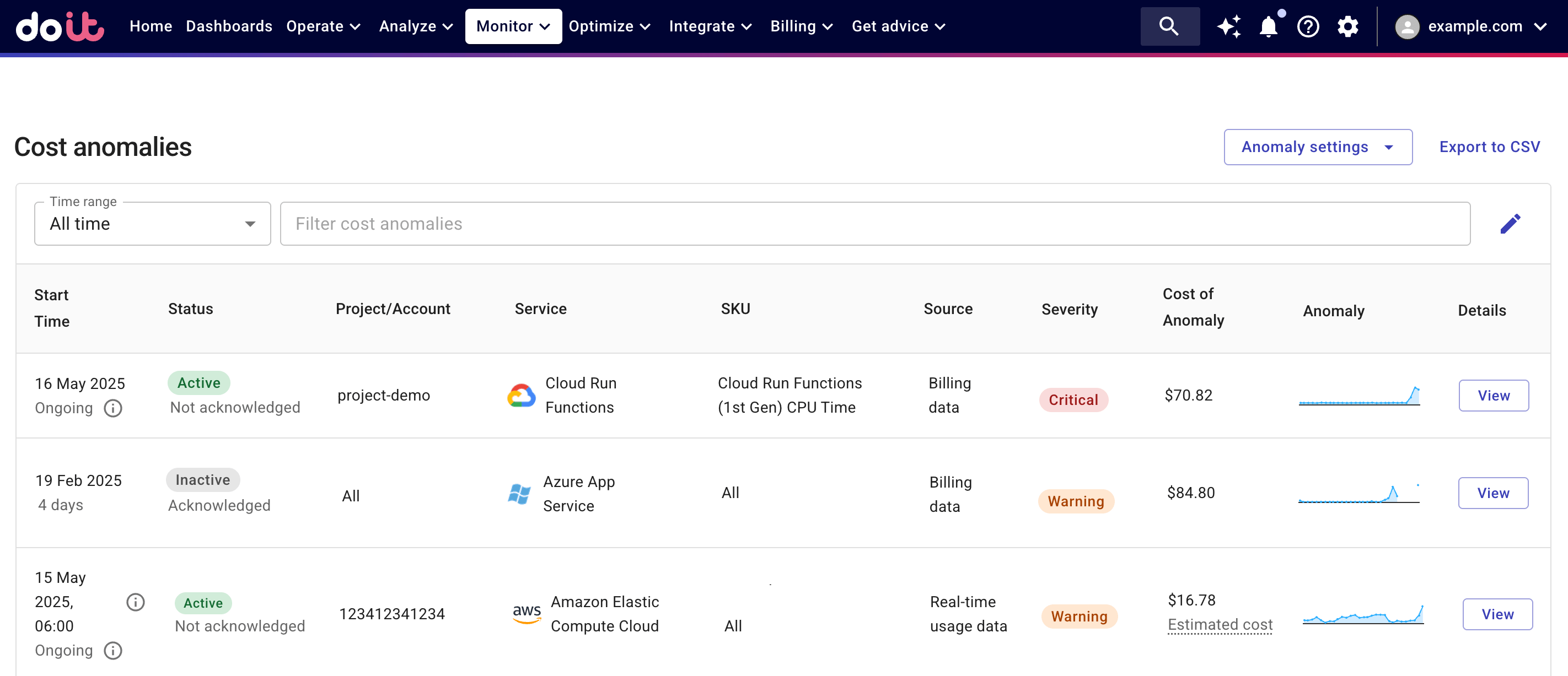 The cost anomalies list page.