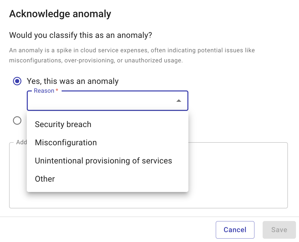 Acknowledge a cost anomaly