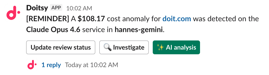 Update the review status of a cost anomaly in Slack