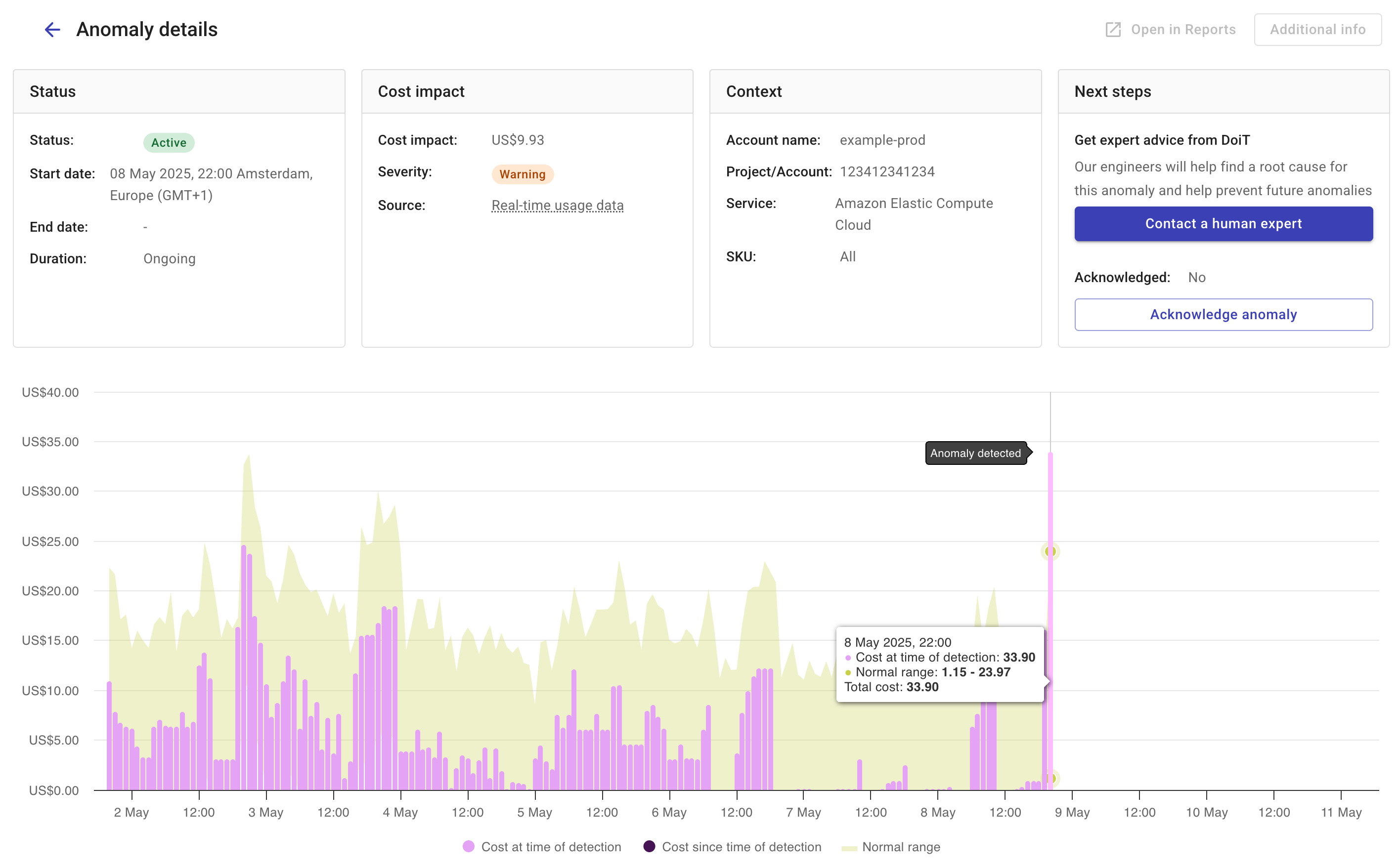 The details page of a cost anomaly