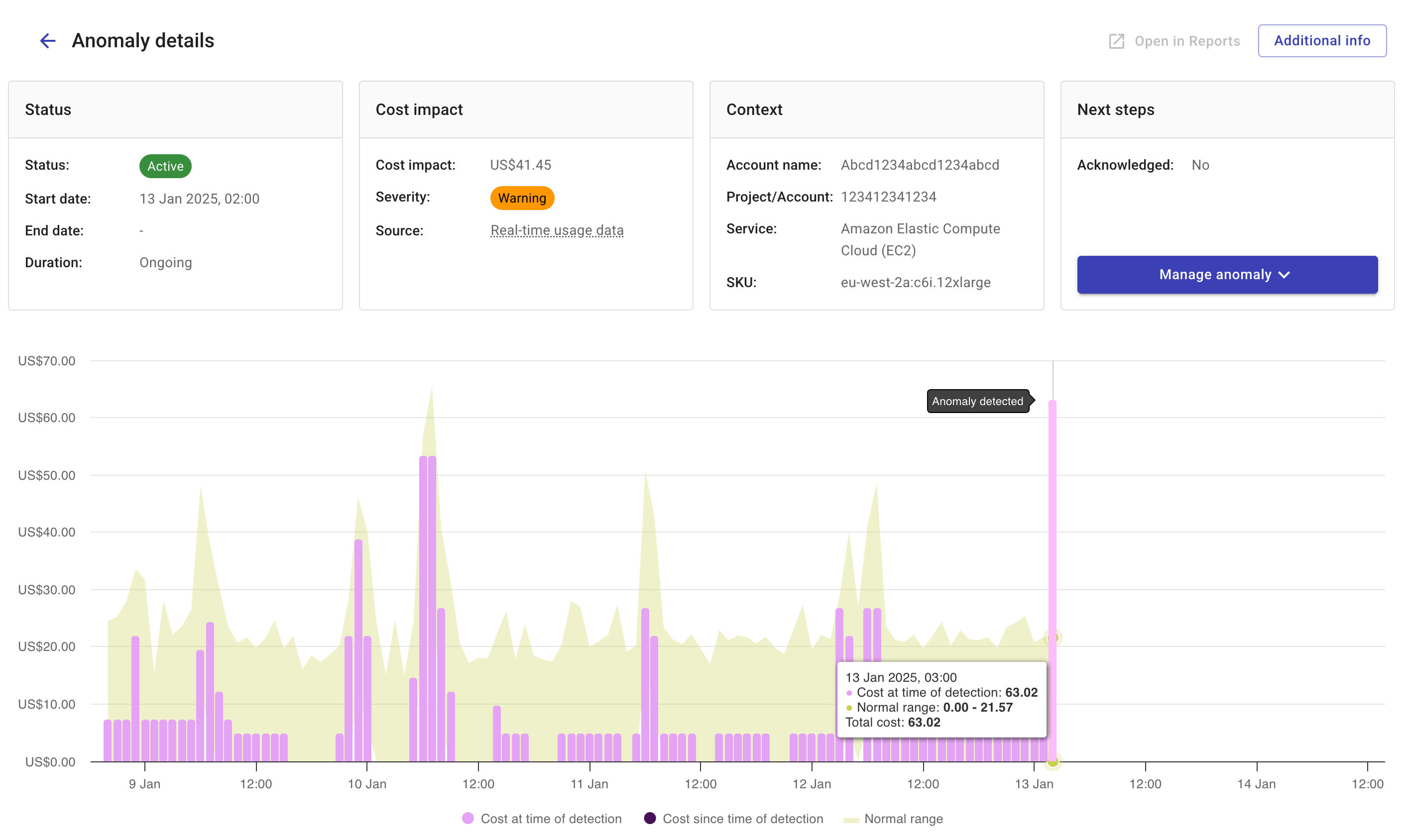 The details page of a cost anomaly