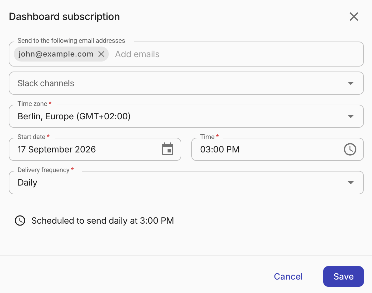 Dashboard subscription dialog