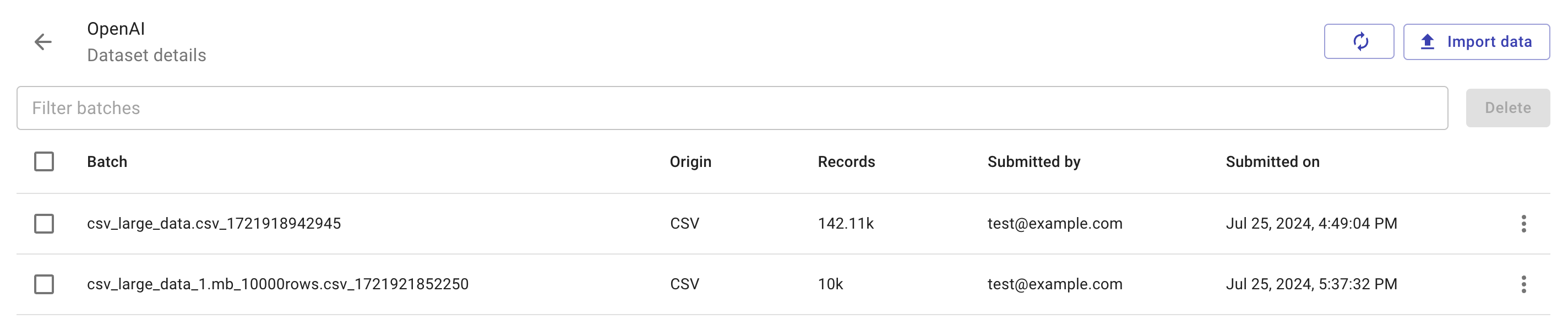 The main Datasets page