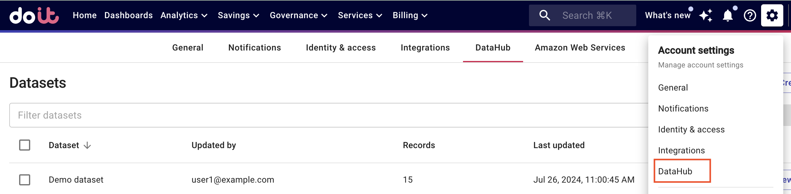 The main Datasets page