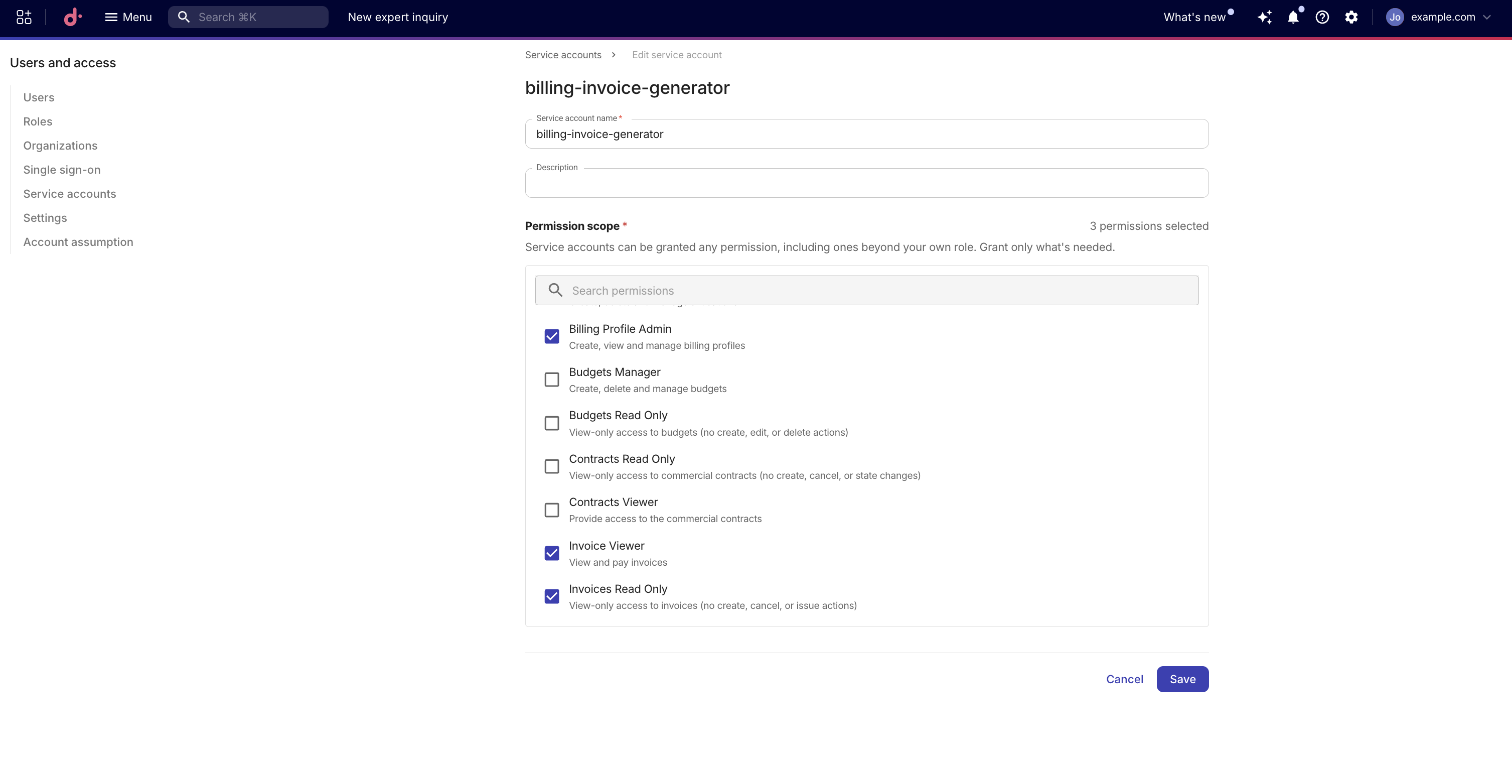Edit service account pgae
