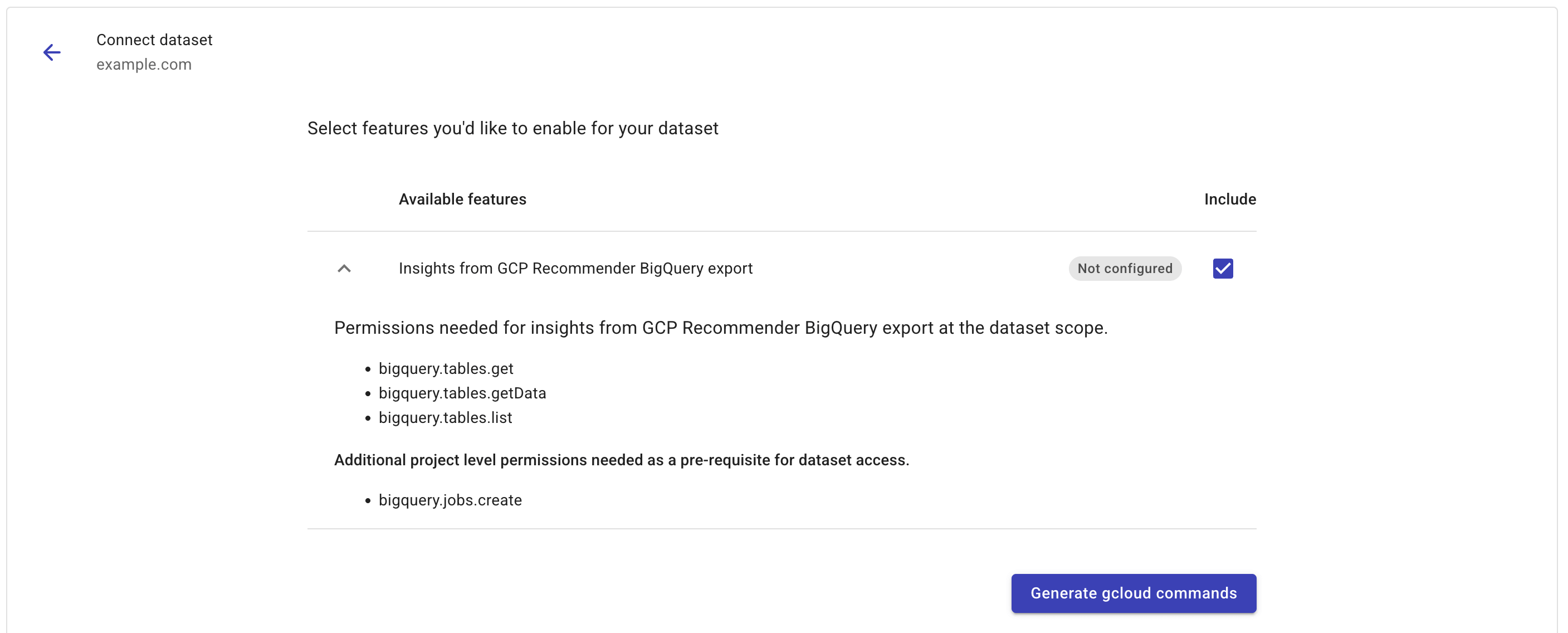 Google Cloud settings new dataset