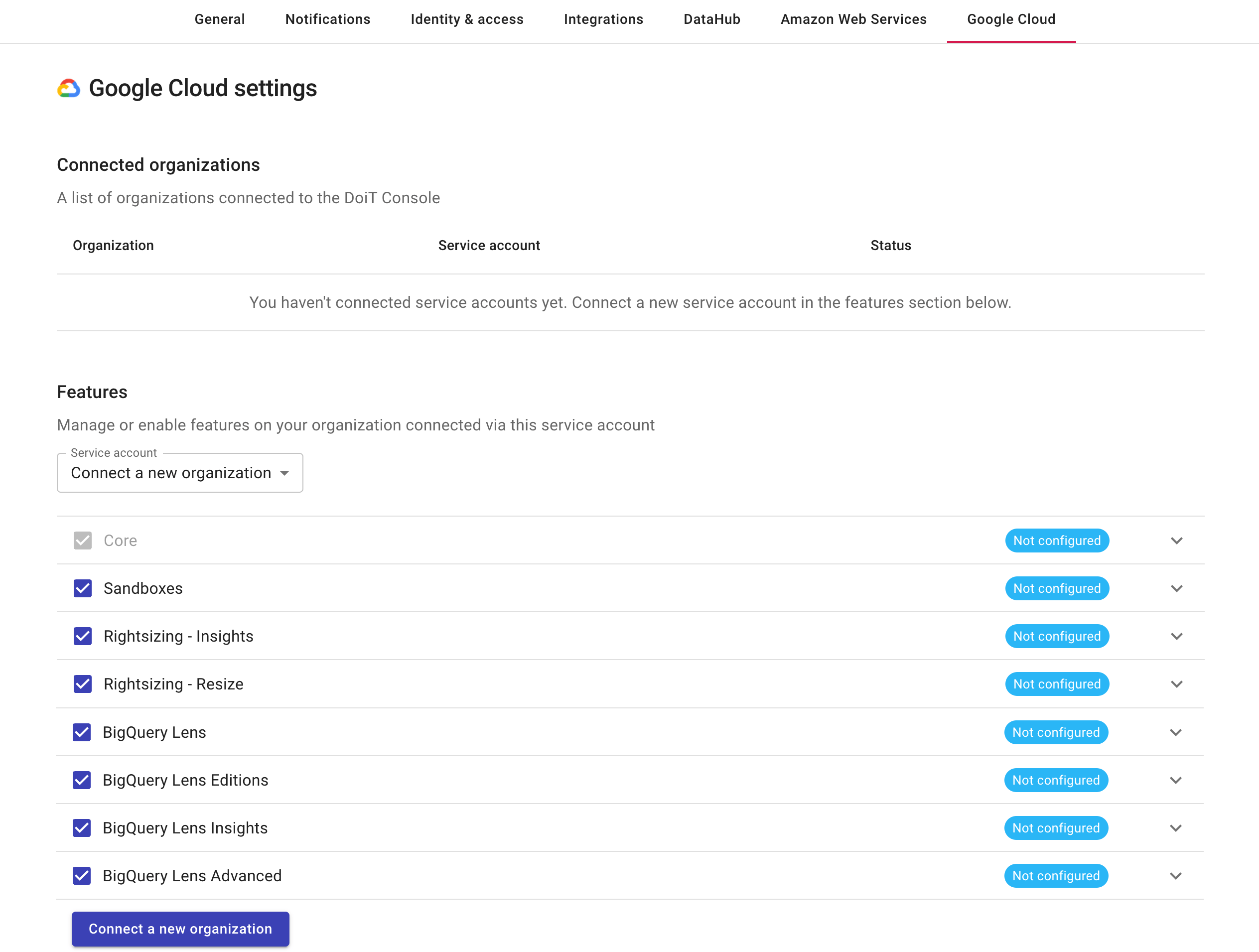 Google Cloud settings screen