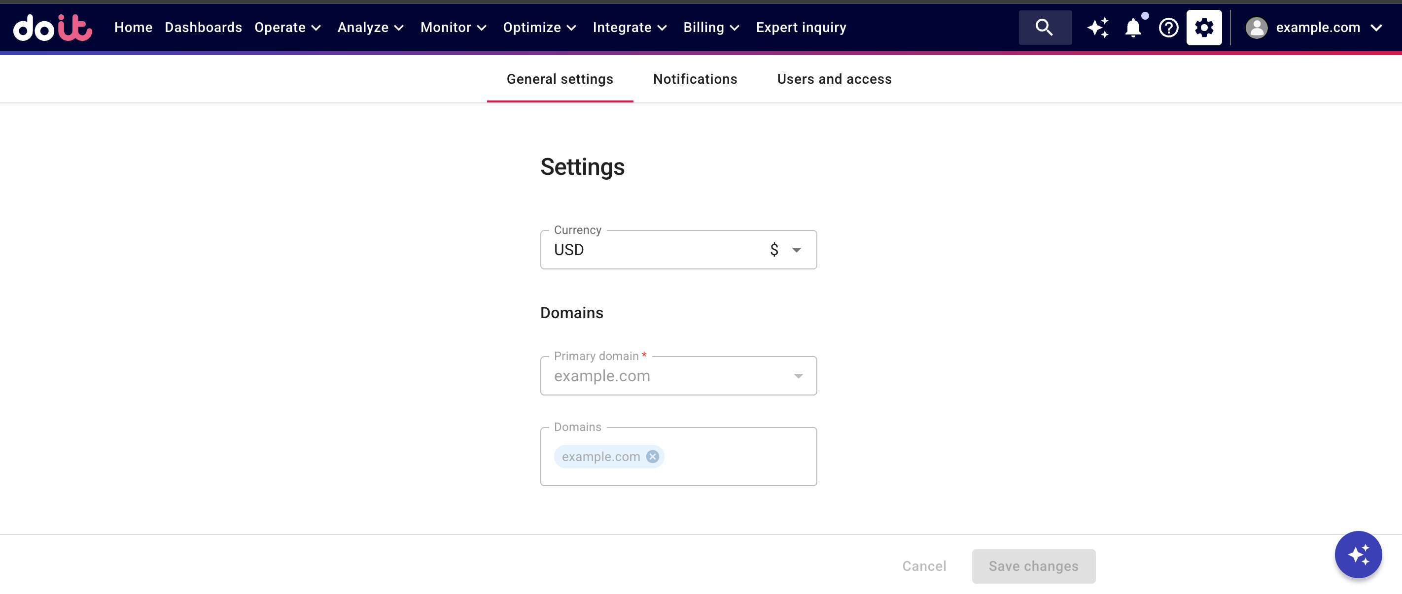 The General settings screen