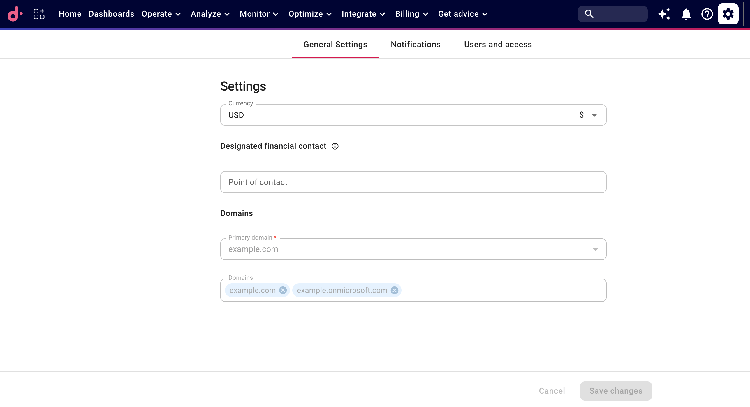 The General settings screen