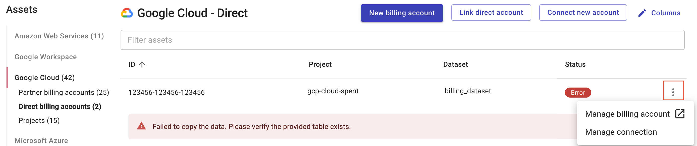 Direct billing account with a Success status