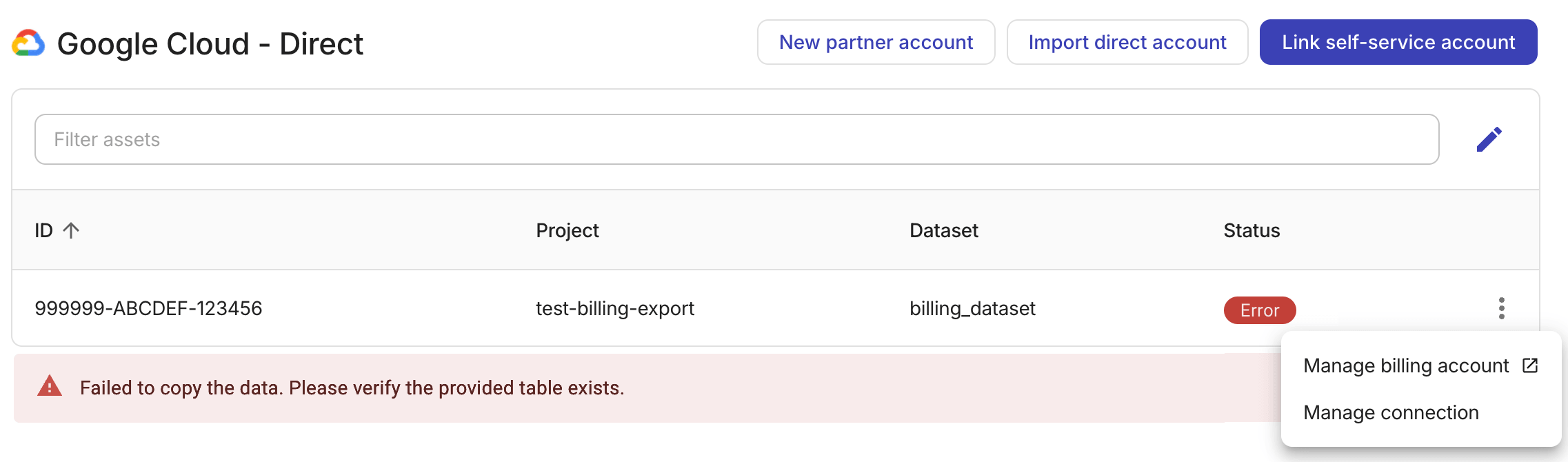 Direct billing account with a Success status