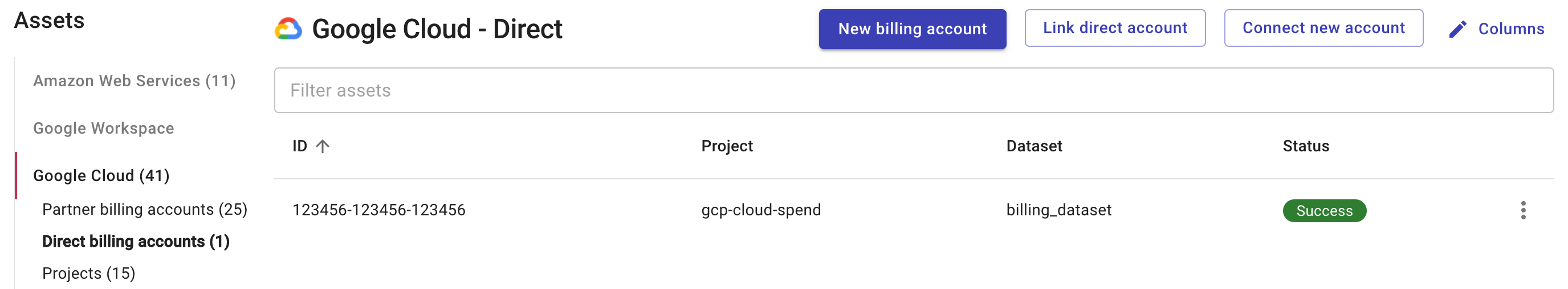 Direct billing account with a Success status