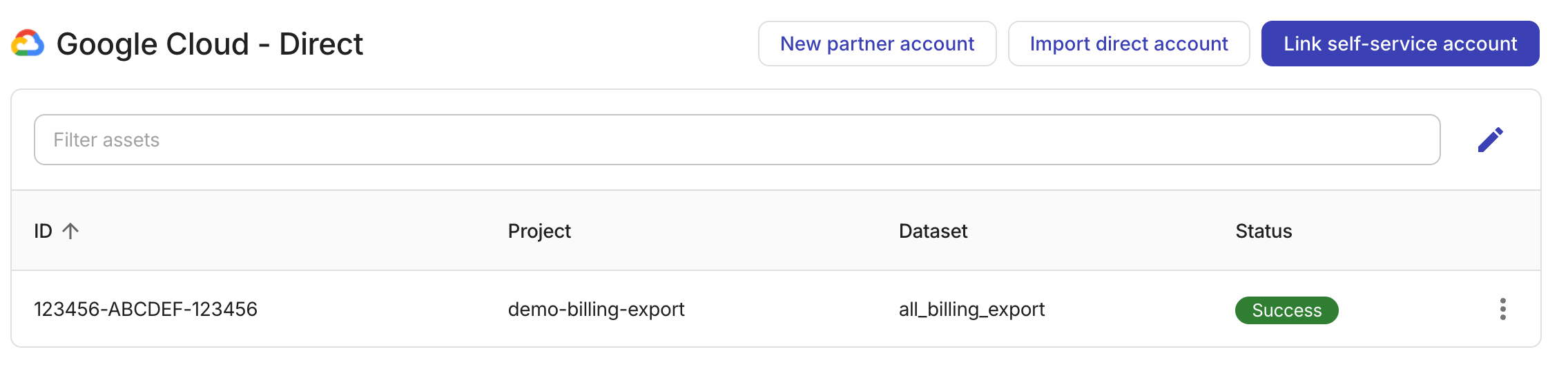 Direct billing account with a Success status