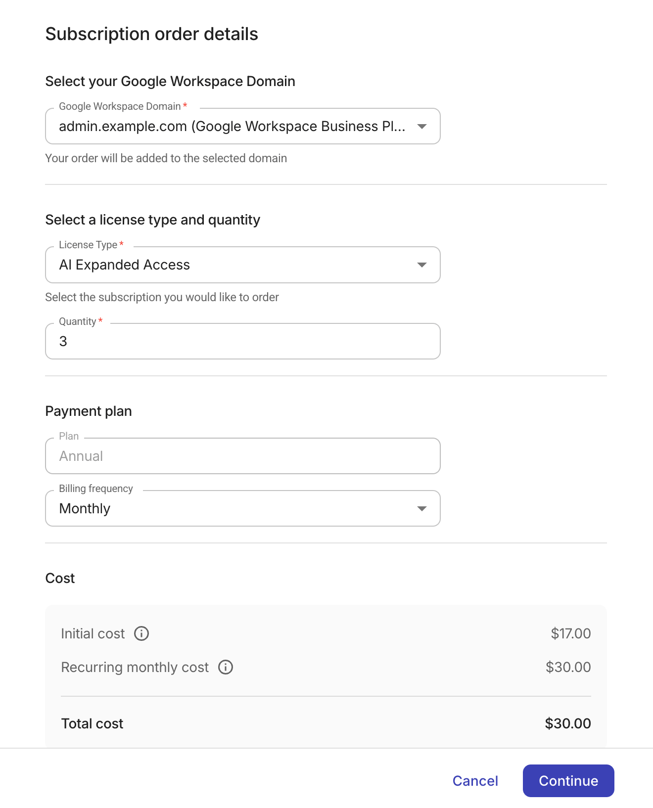 Google Workspace subscription order details