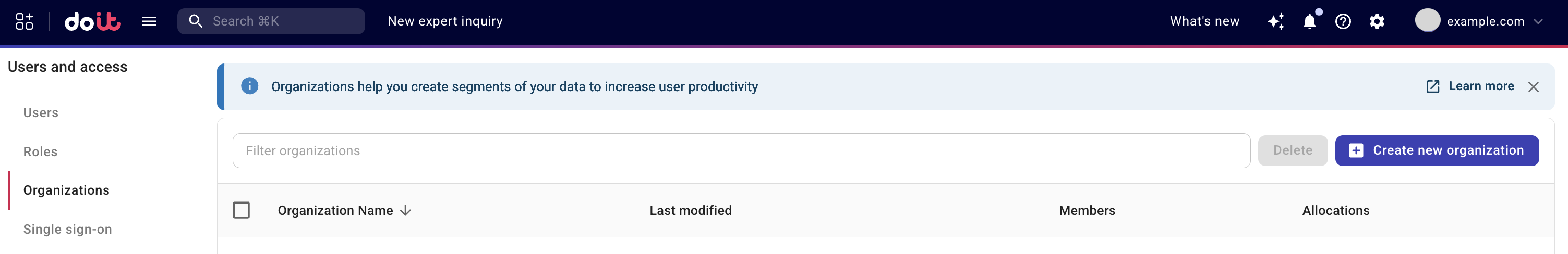 The Organizations menu