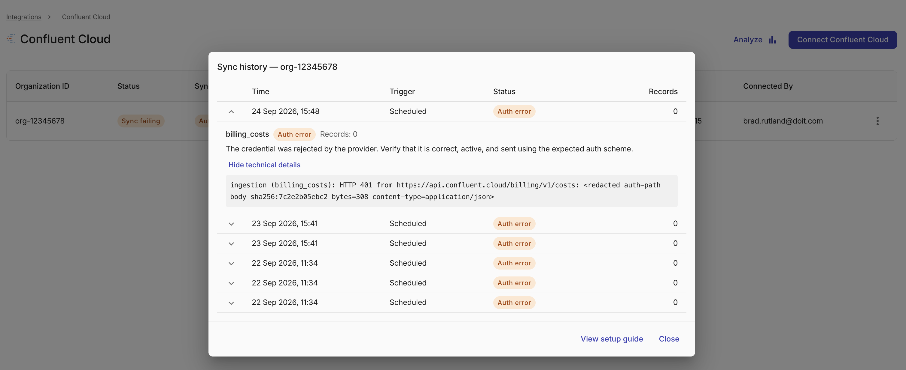 Integrations sync failed