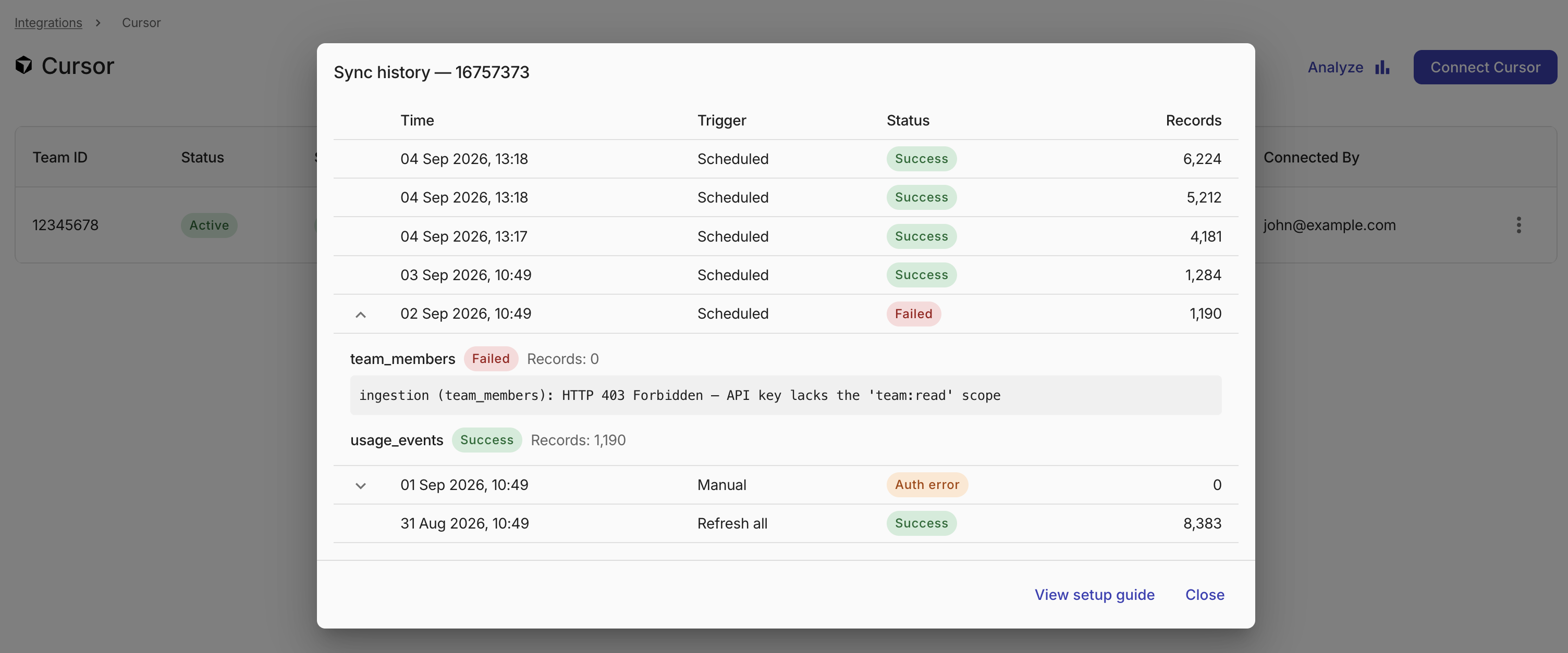 Integrations sync failed