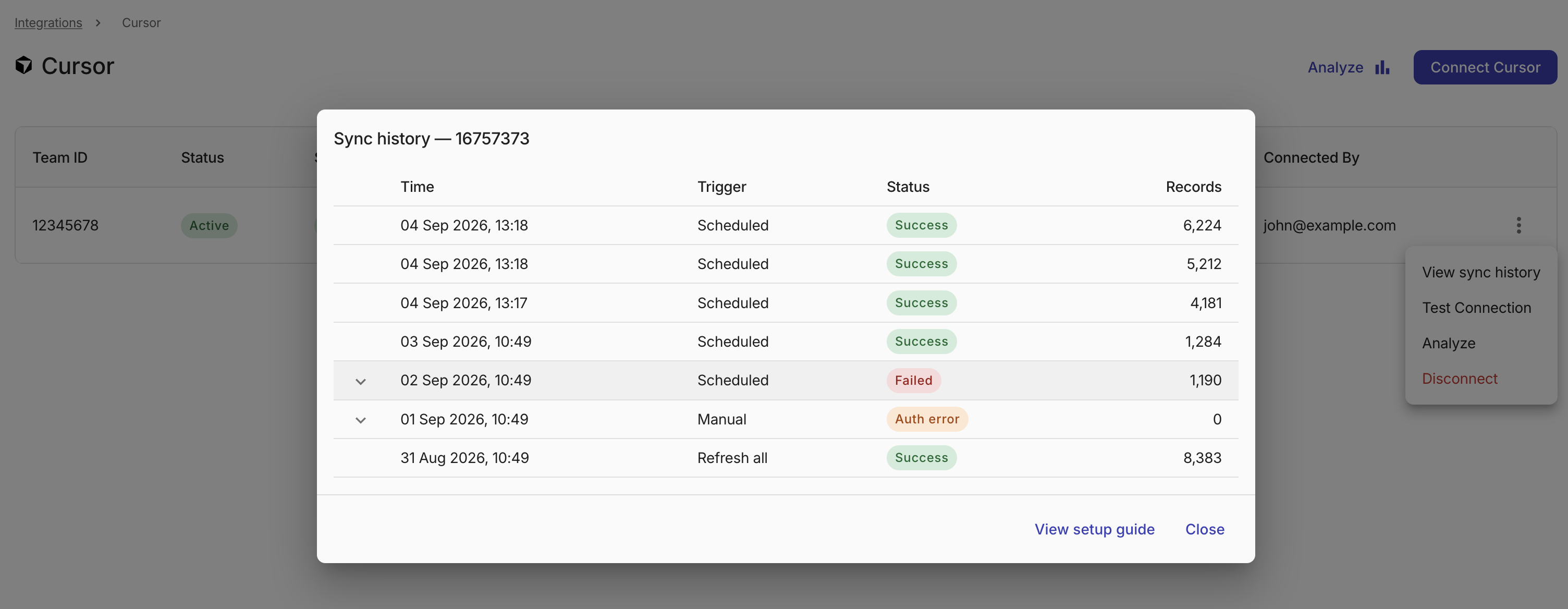 Integrations sync history