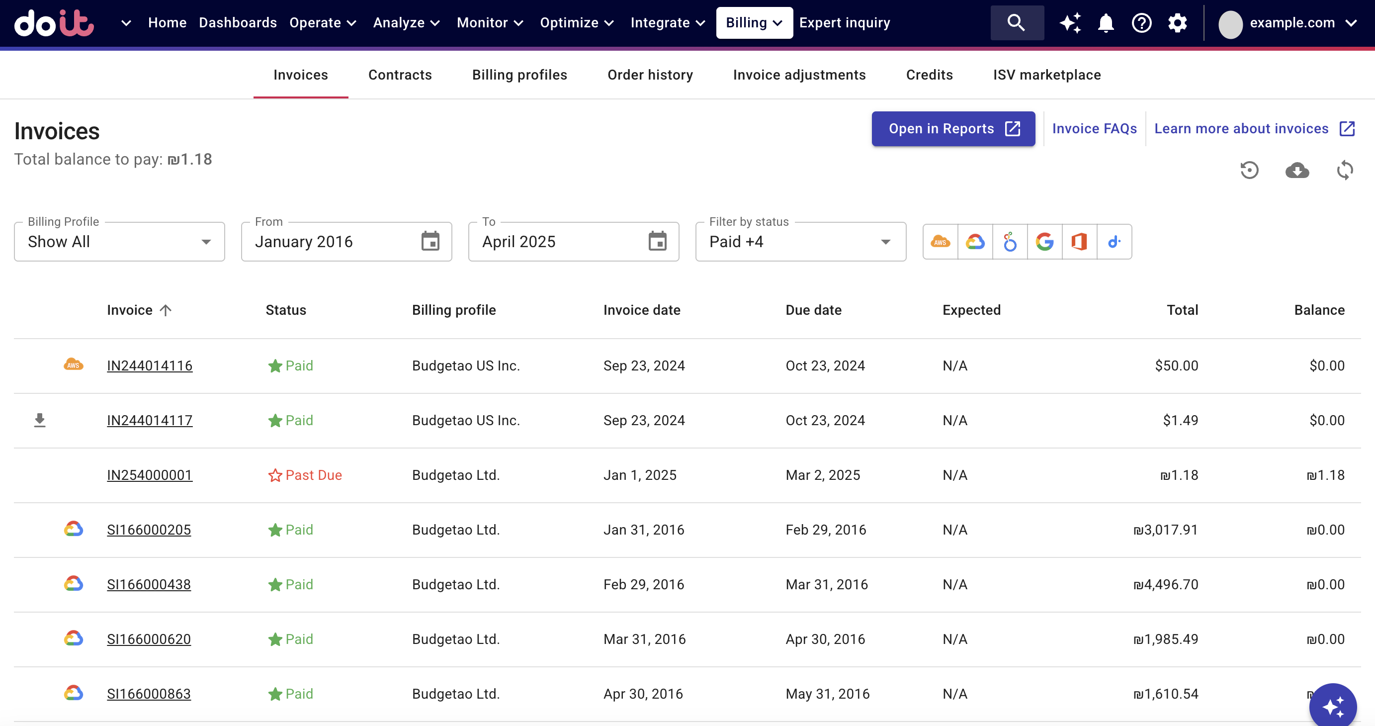 The main Invoices page.
