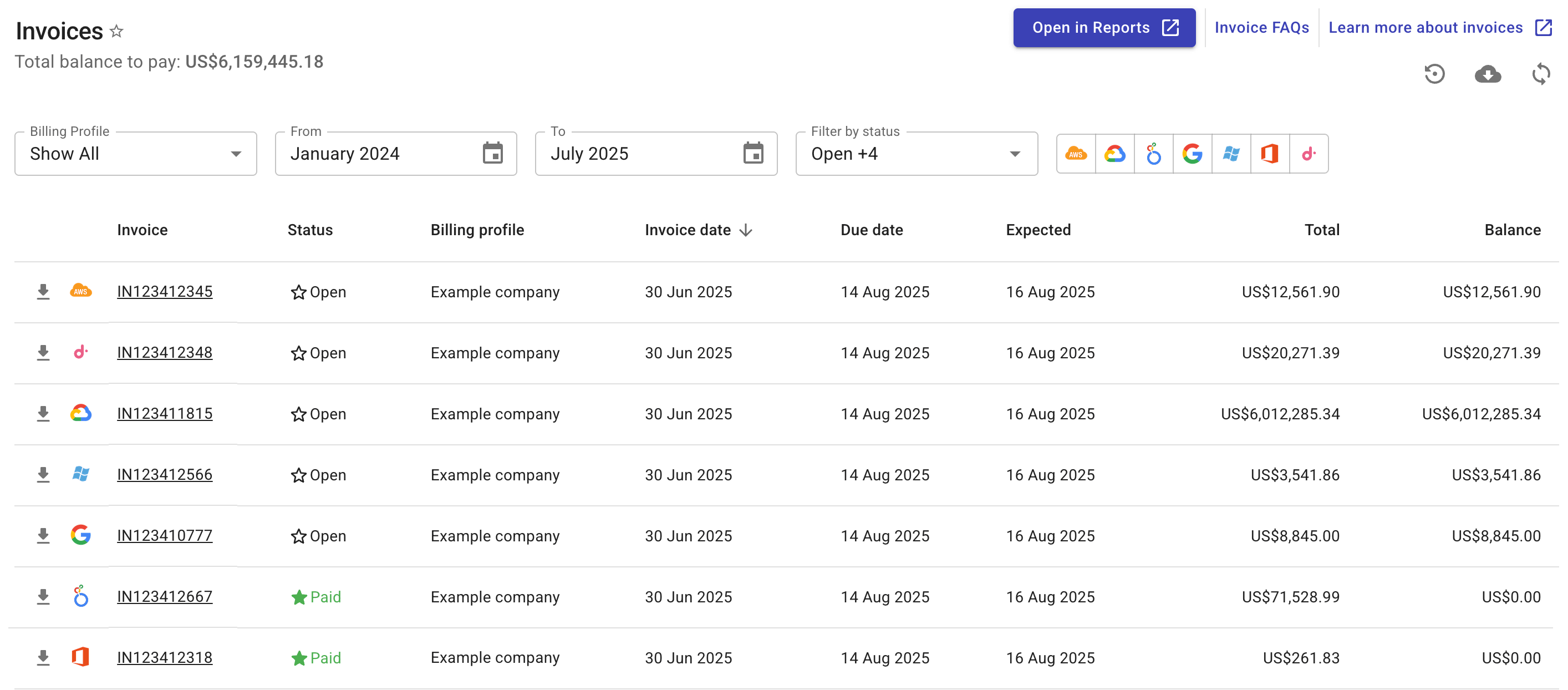 The main Invoices page.