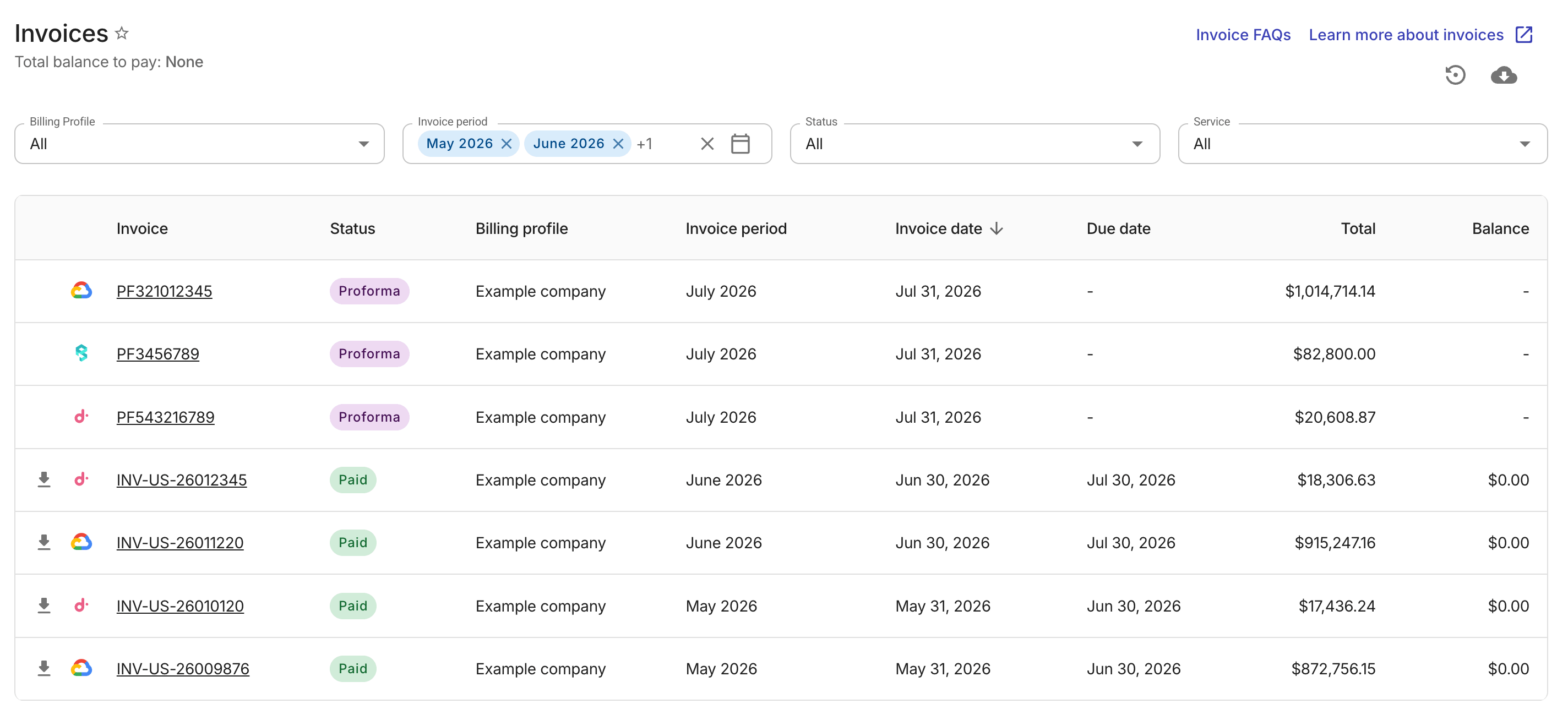 The main Invoices page.
