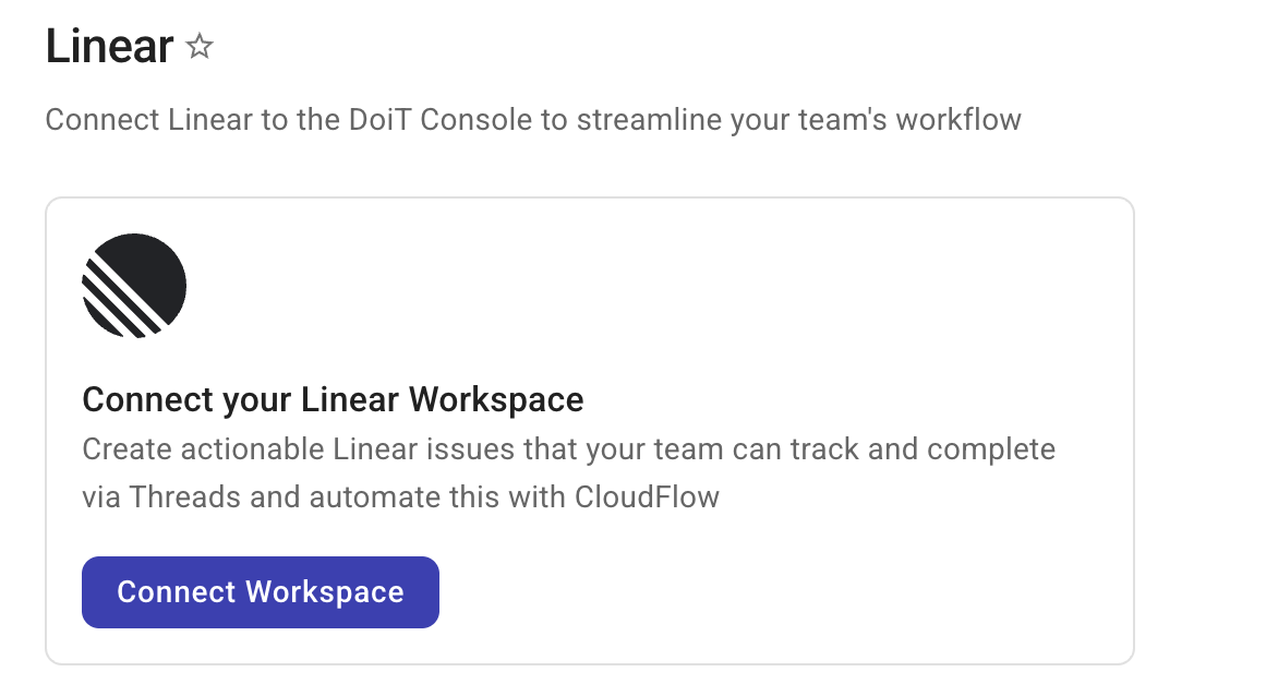 App integrations sidebar with Linear selected, Connect Workspace card