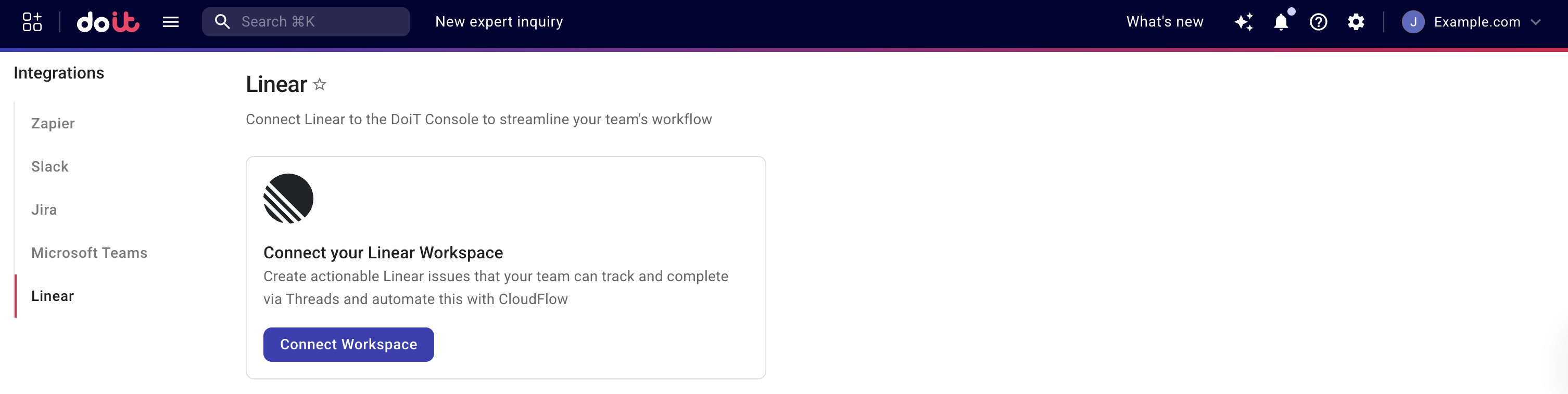 App integrations sidebar with Linear selected, Connect Workspace card