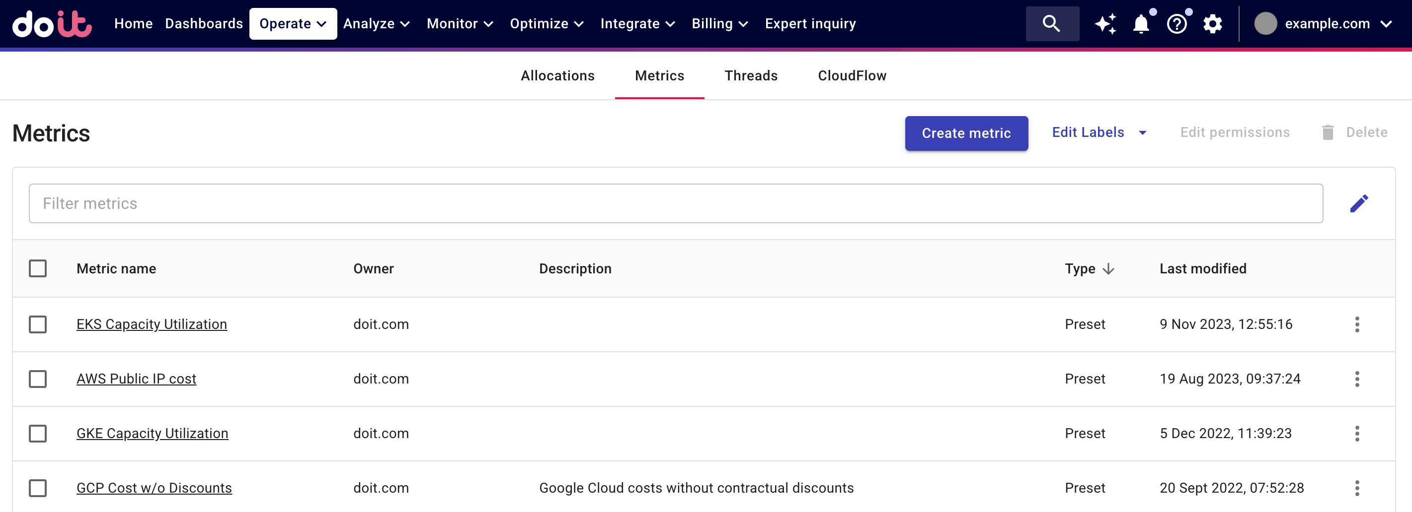 The Metrics screen