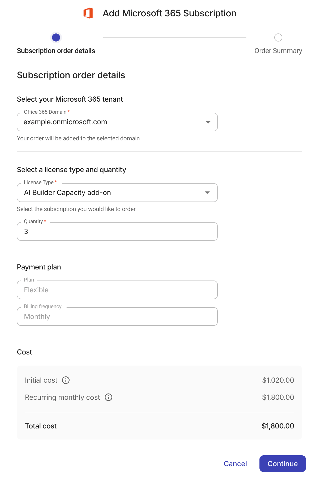 Microsoft 365 subscription order details