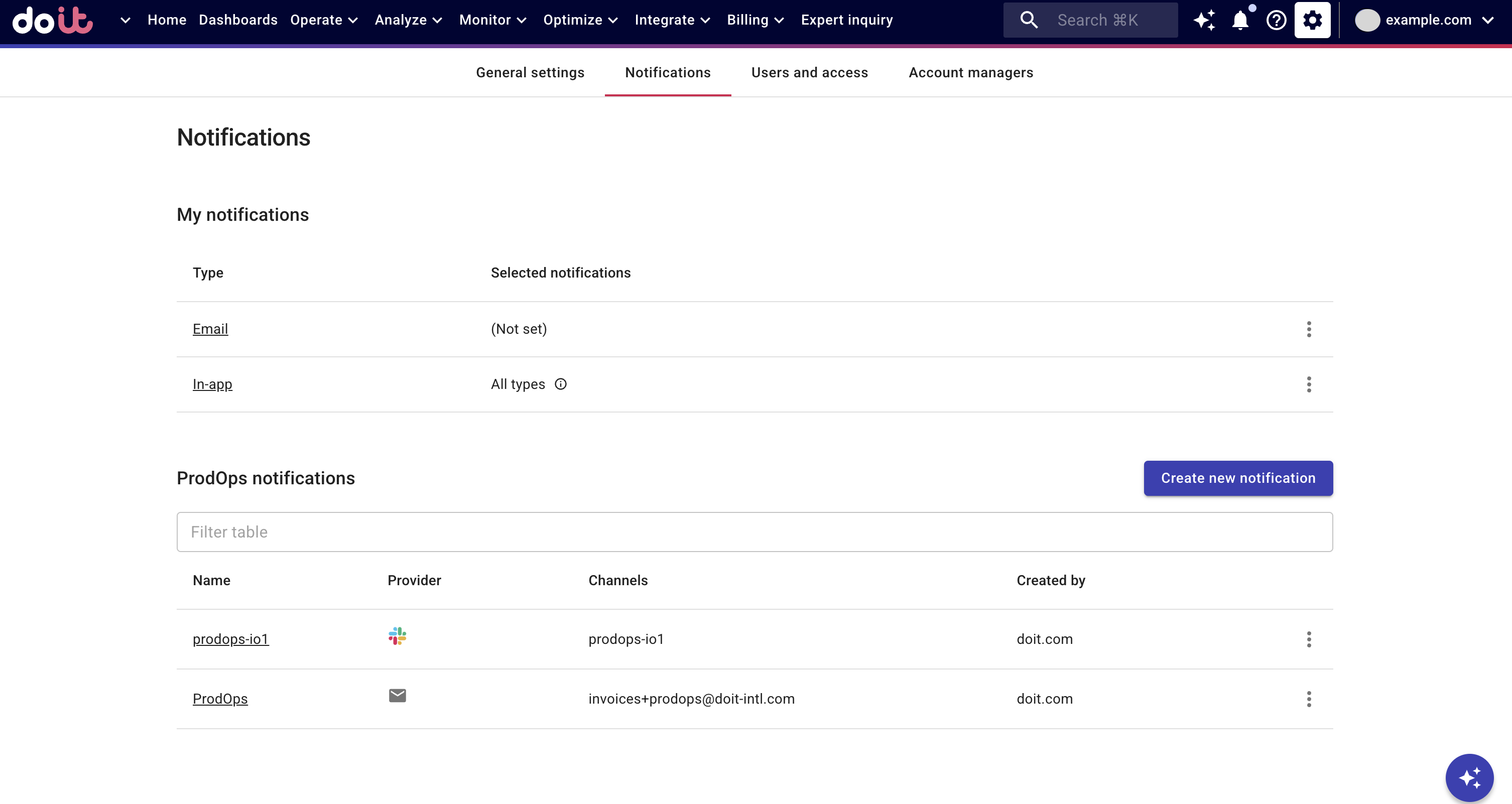 Notifications landing page