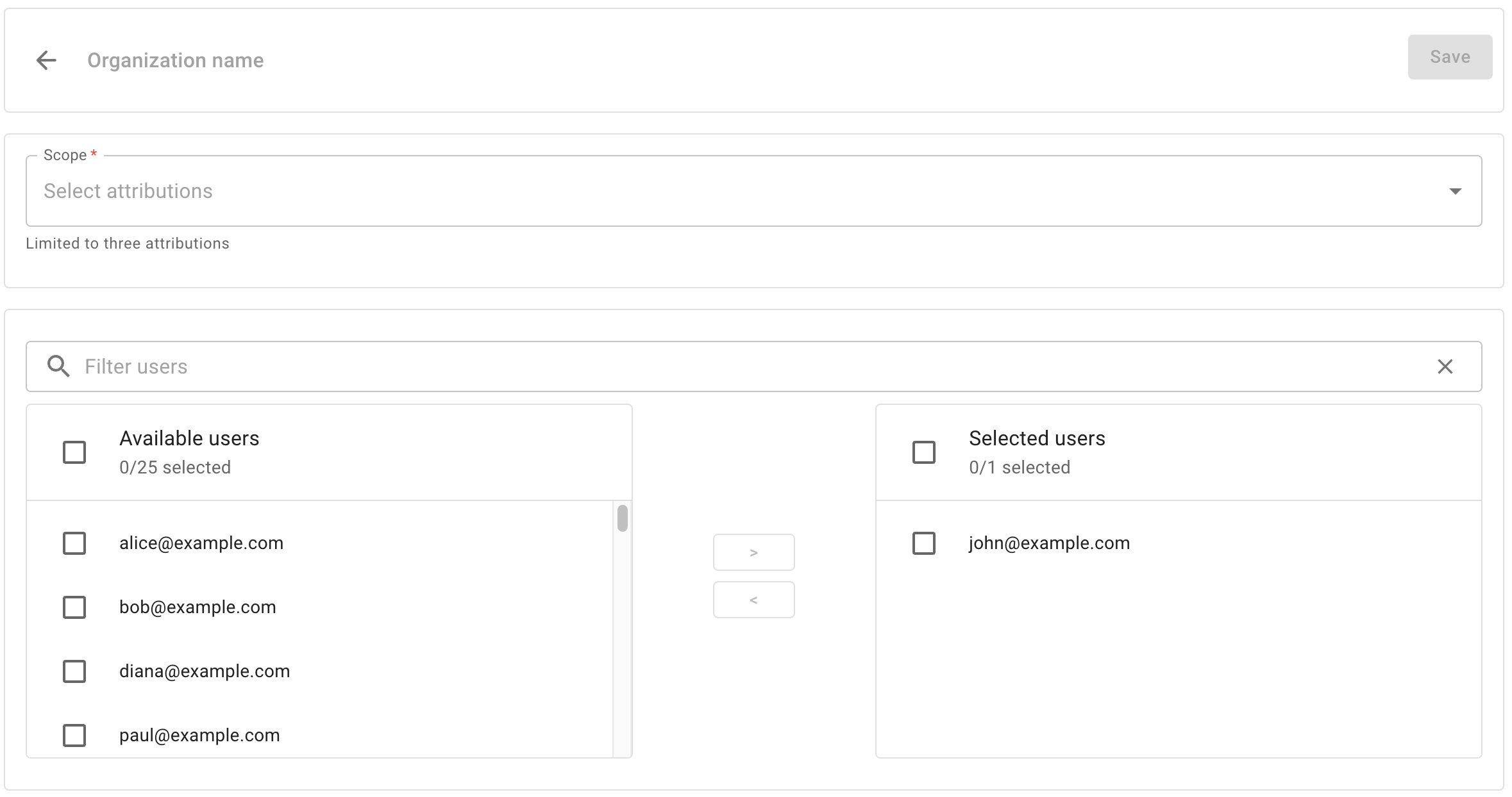 The organization configuration screen