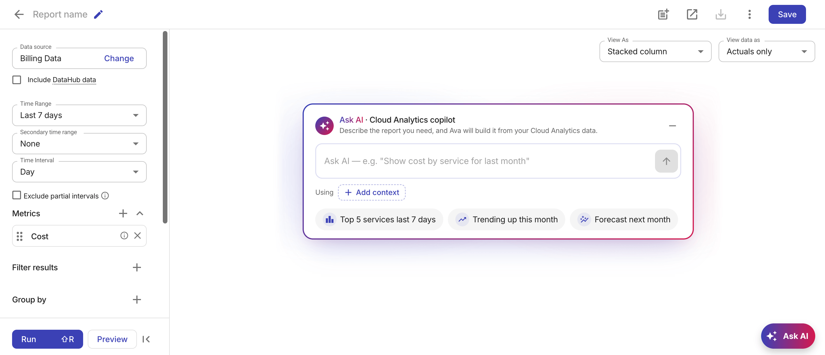 A screenshot showing an empty Cloud Analytics report
