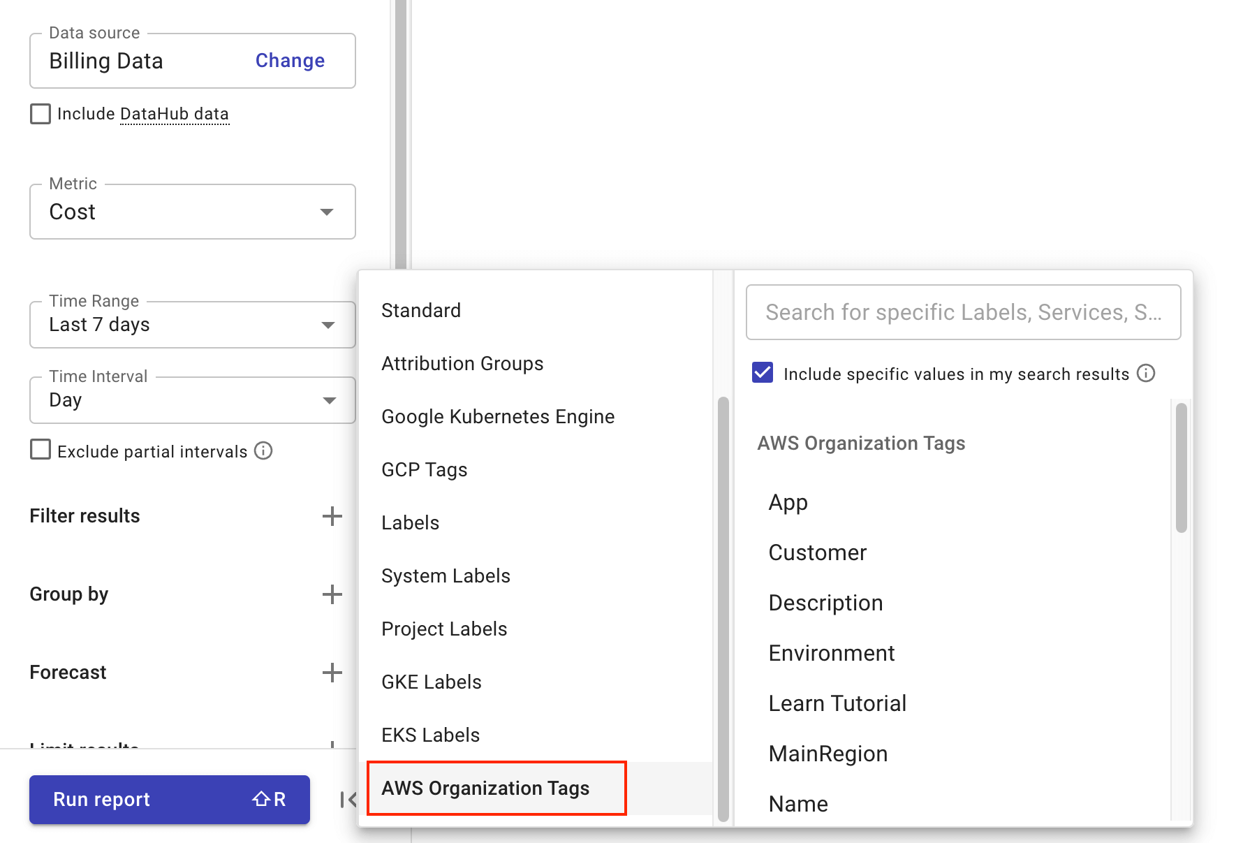 Select AWS Organization Tags in a Cloud Analytics report