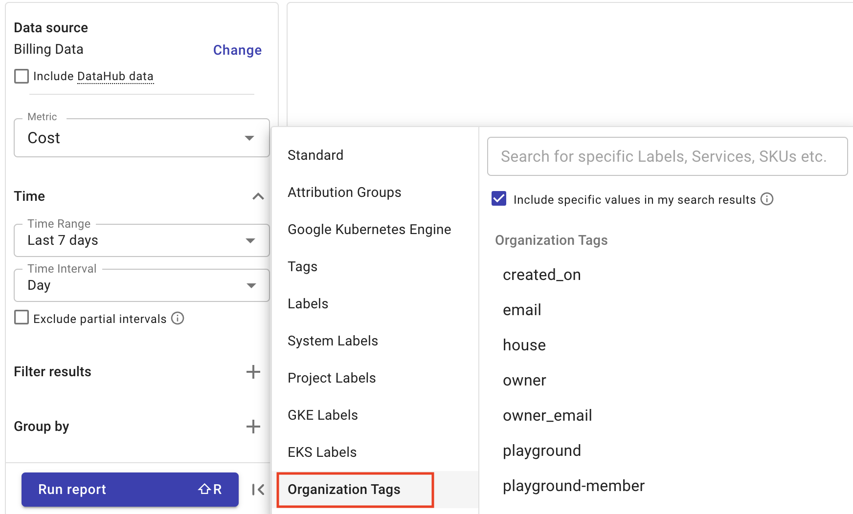 A screenshot showing AWS Organization Tags in a Cloud Analytics report