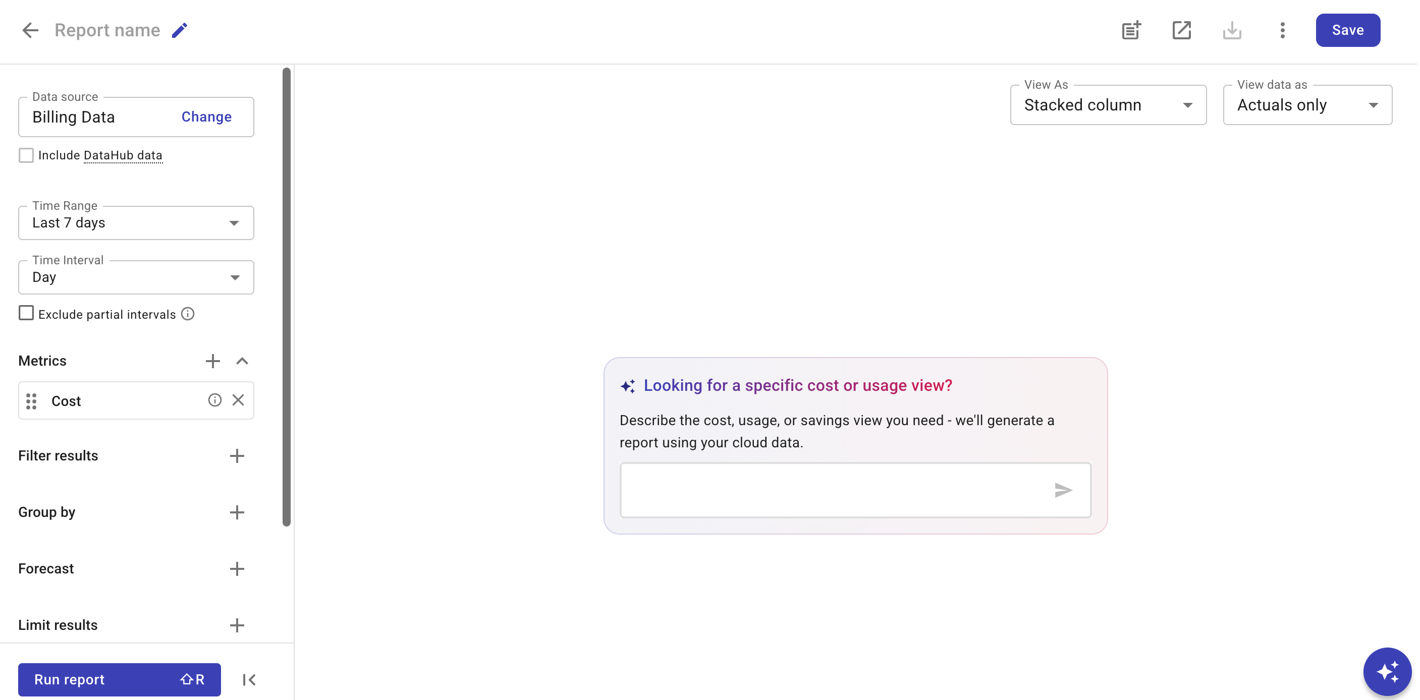 A screenshot showing an empty Cloud Analytics report