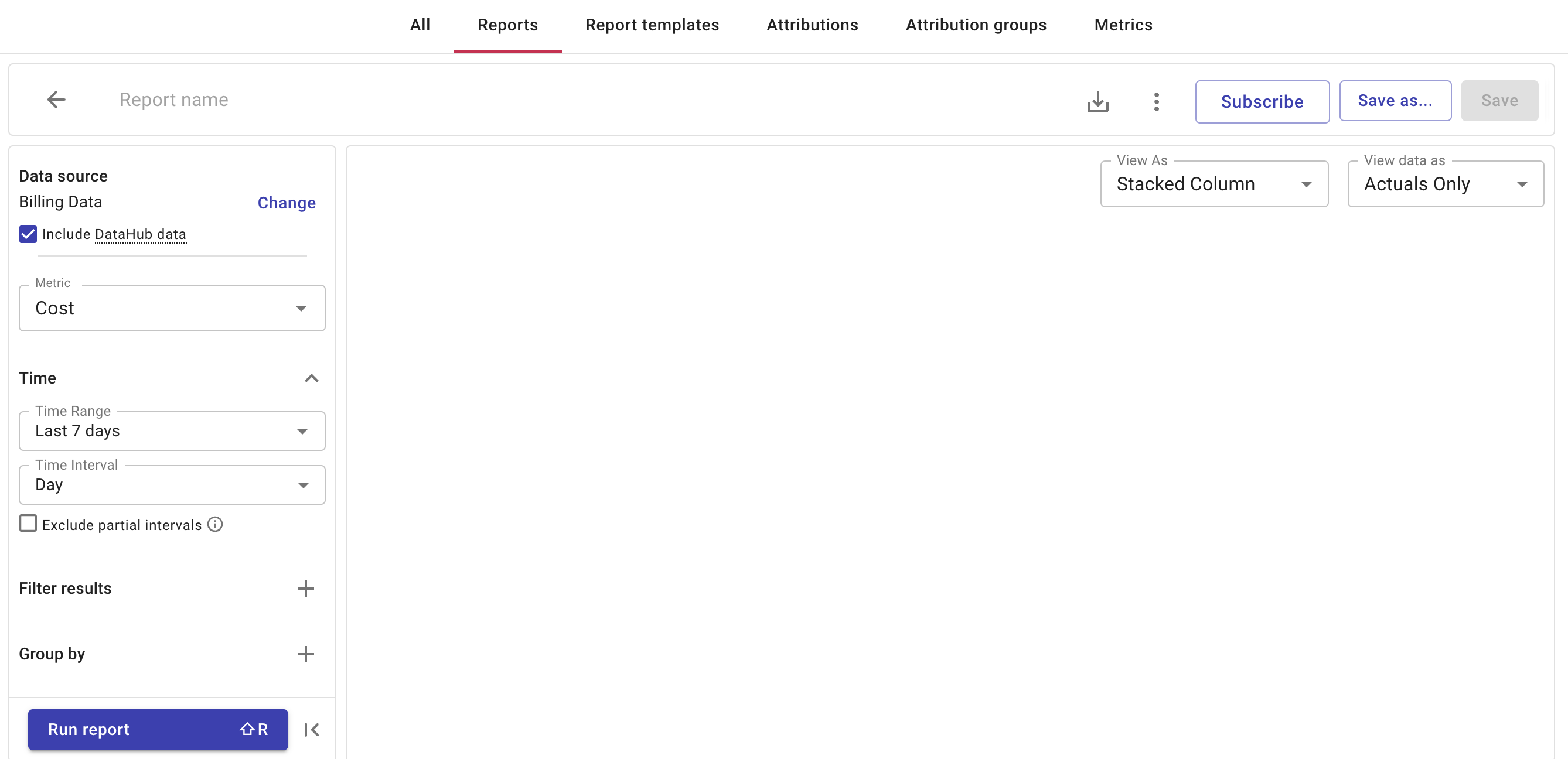 A screenshot showing an empty Cloud Analytics report