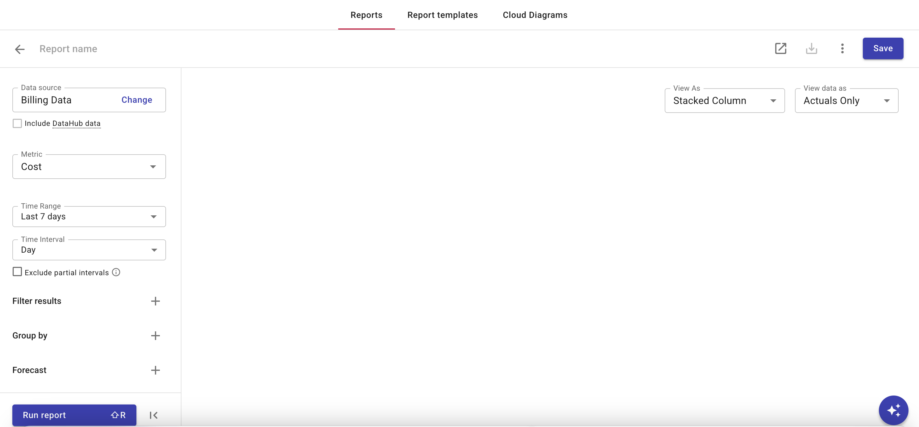 A screenshot showing an empty Cloud Analytics report