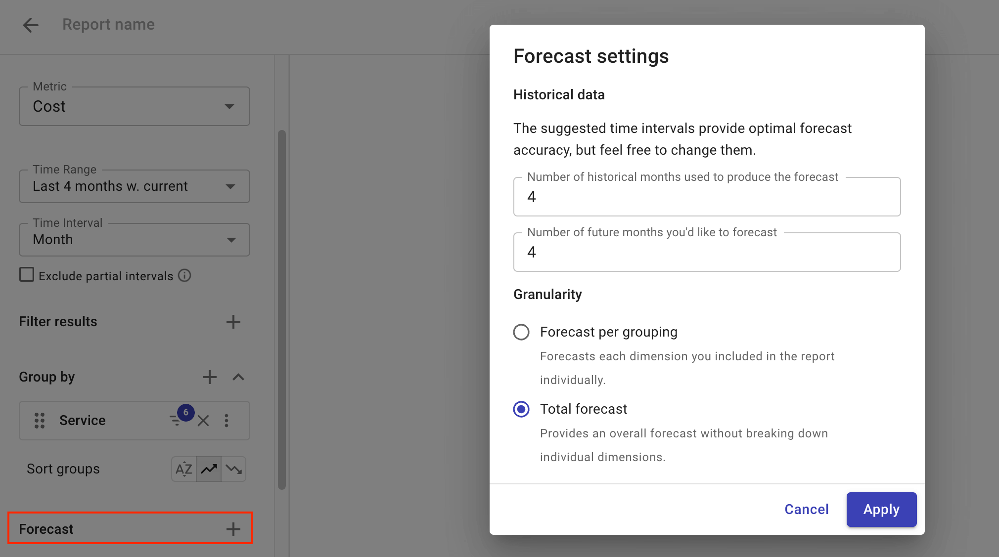 Forecast settings window