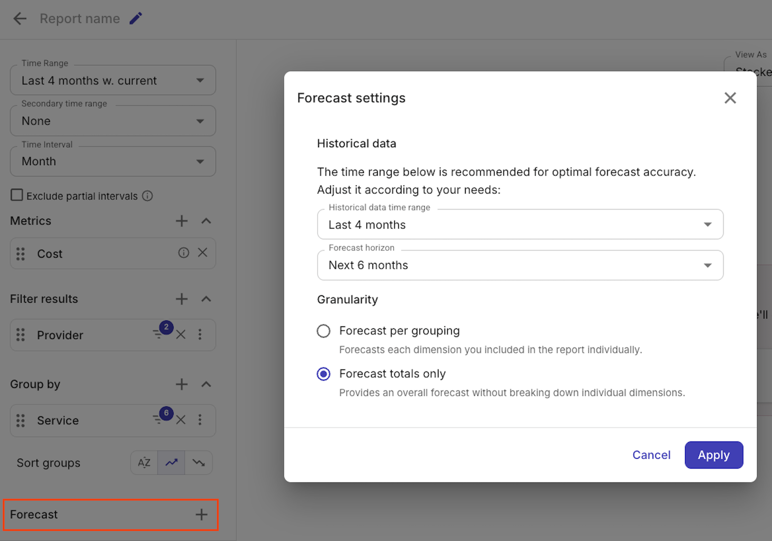 Forecast settings window