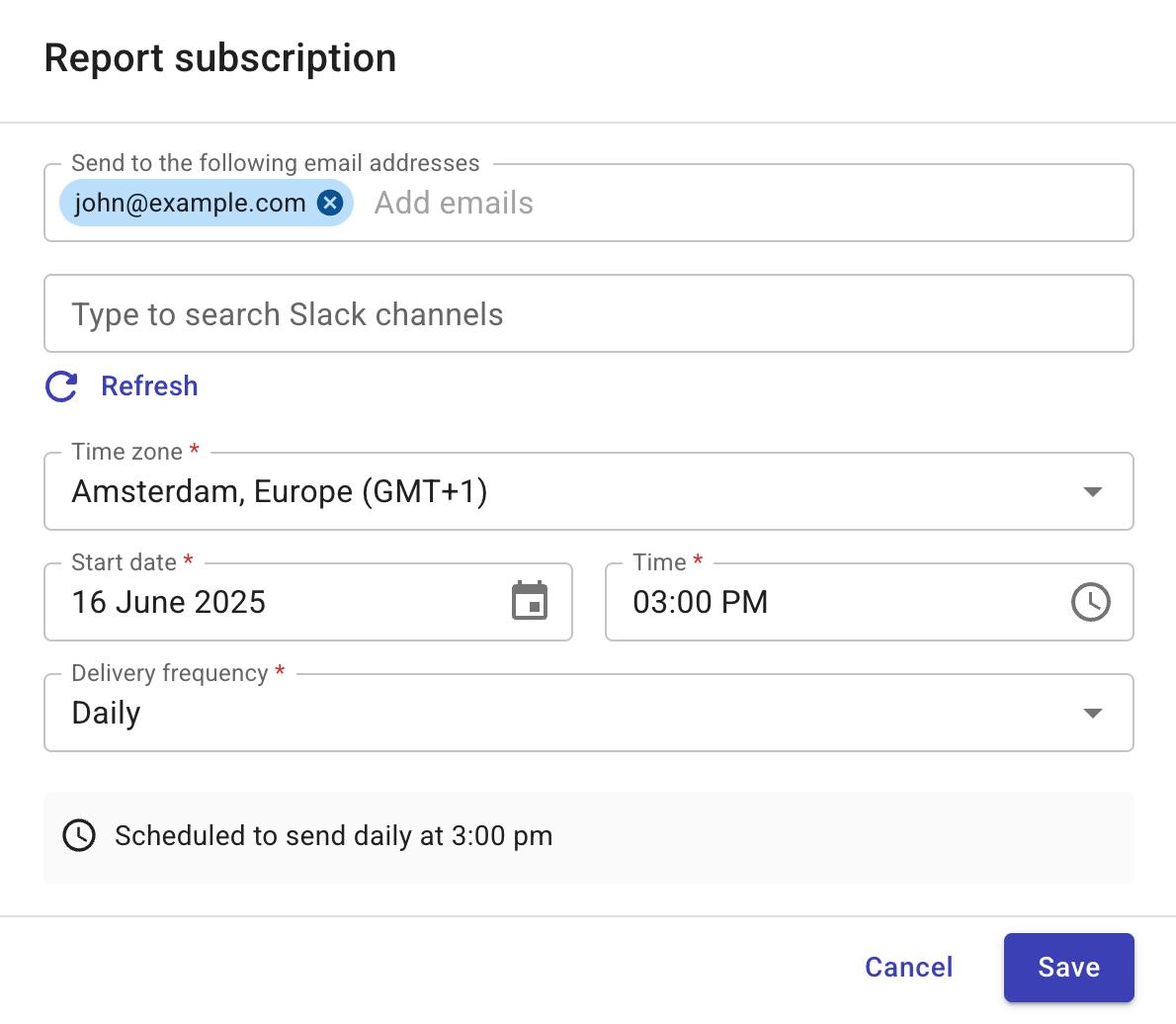 Report subscription dialog