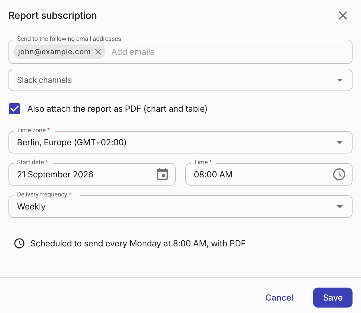 Report subscription dialog