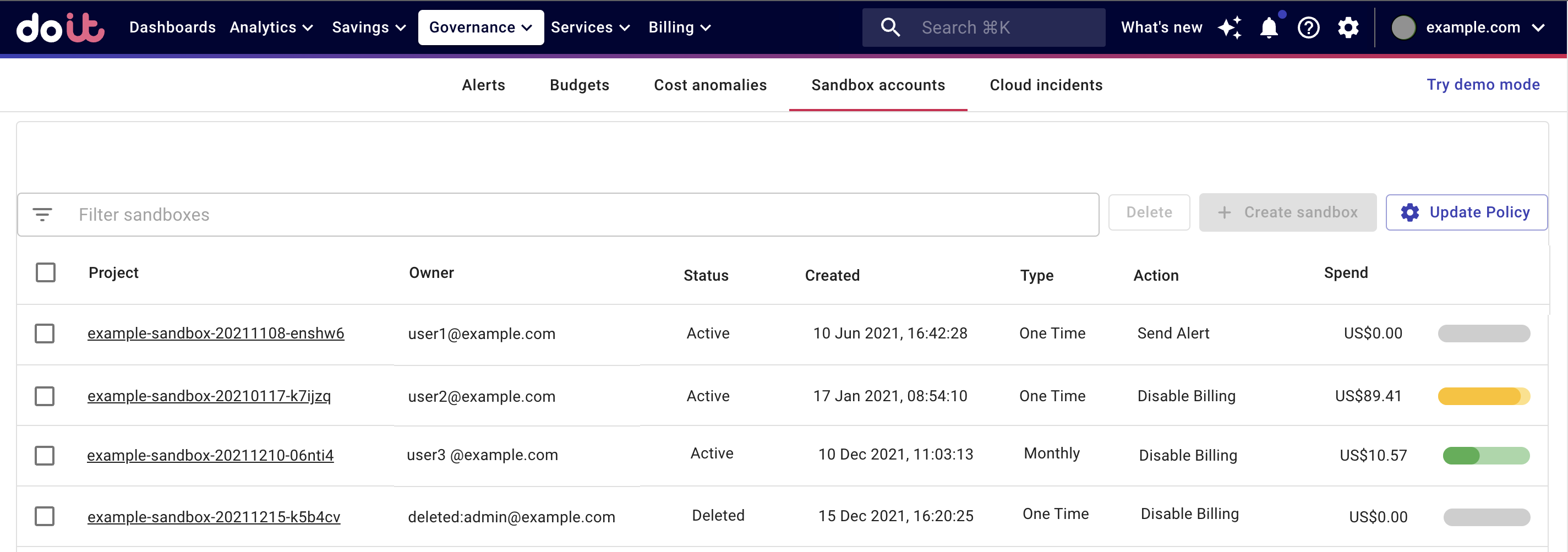 Sandbox accounts screen with multiple projects