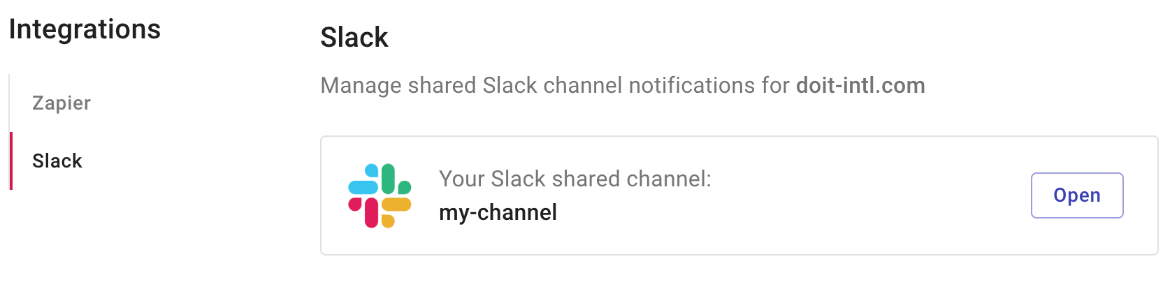 The Slack settings page