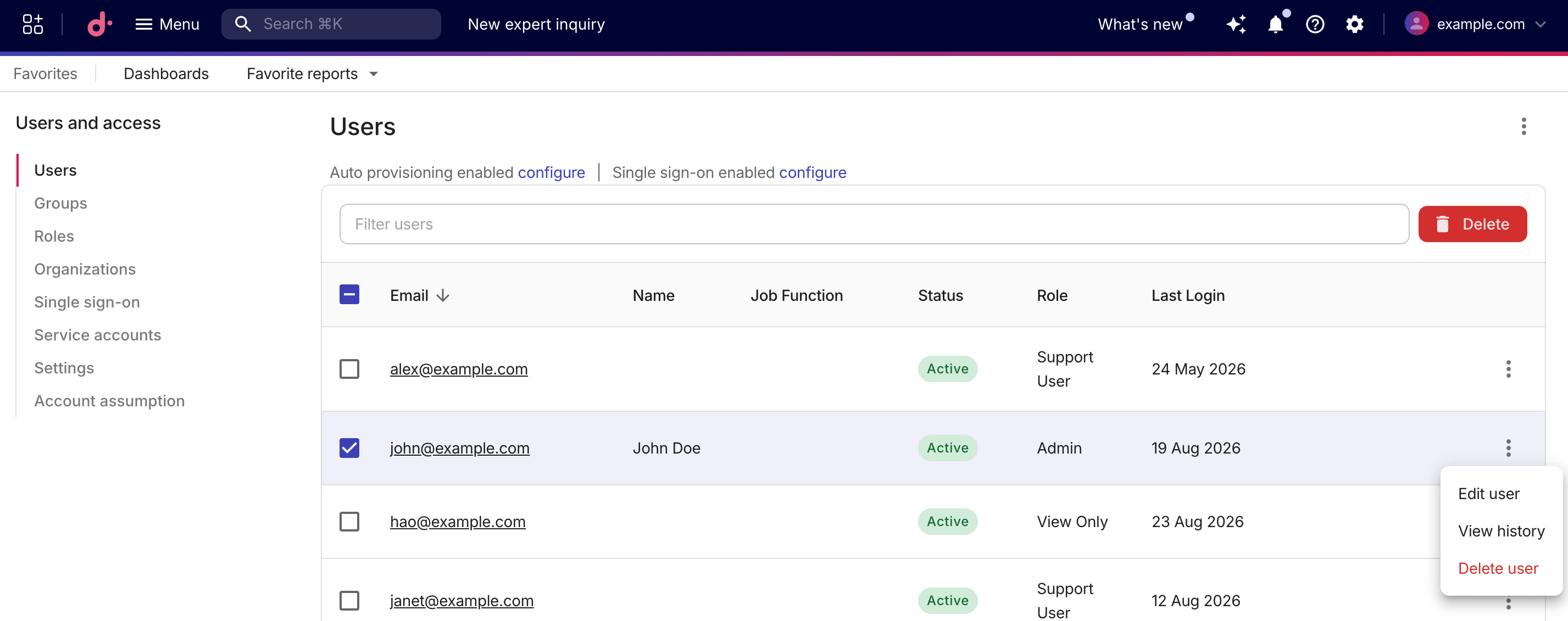 Opening a user's change history from the users list
