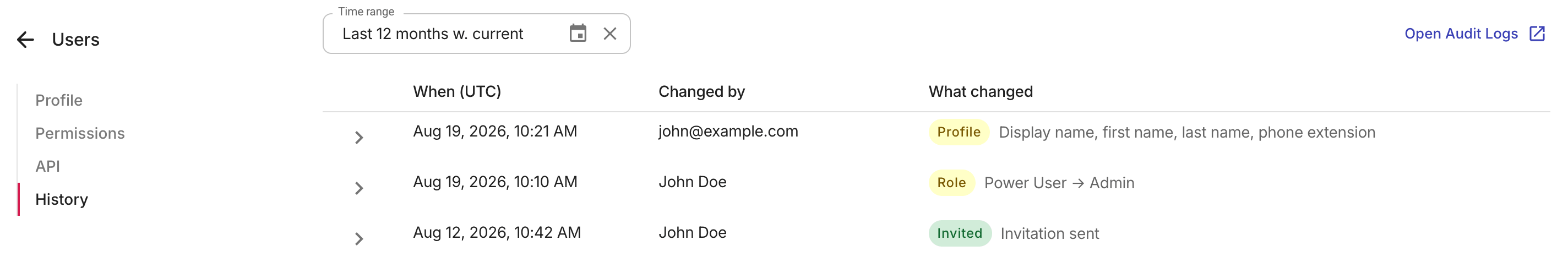 The History tab on a user's profile page