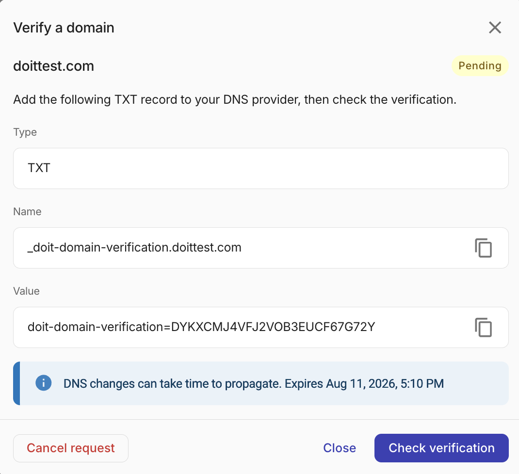 The Verify a domain screen
