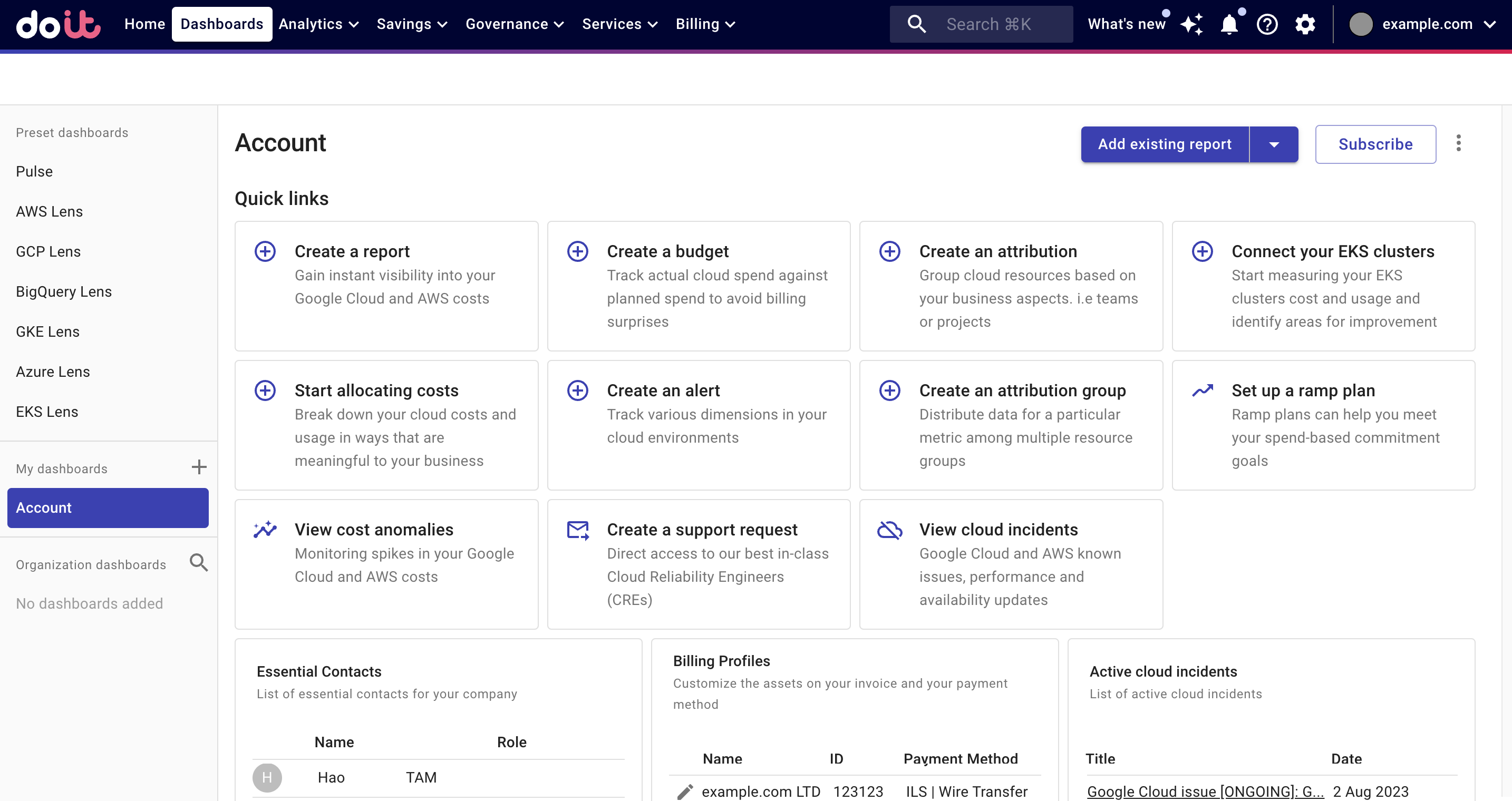 Account dashboard